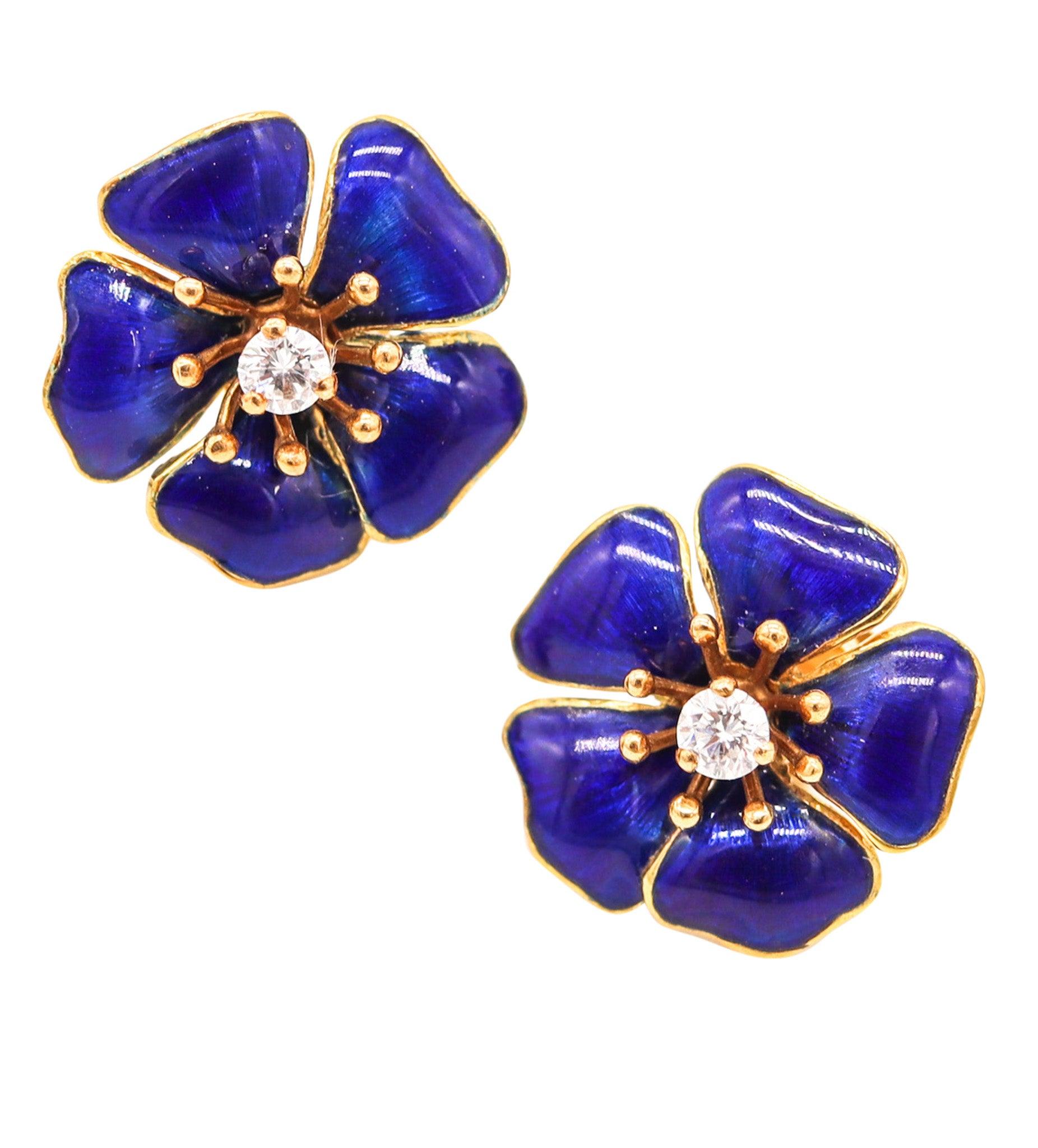 TIFFANY
CO. Blue Enameled Flowers Earrings 18Kt Yellow Gold With VS Diamonds