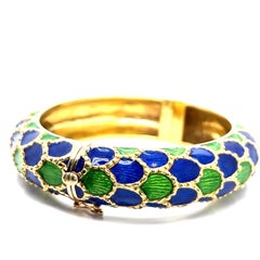 Tiffany & Co. Blue & Green Enamel Gold Bangle Bracelet