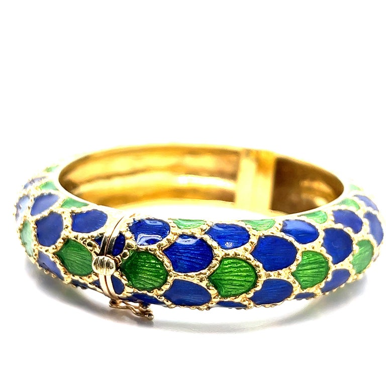 Tiffany and Co. Blue and Green Enamel Gold Bangle Bracelet For Sale at ...