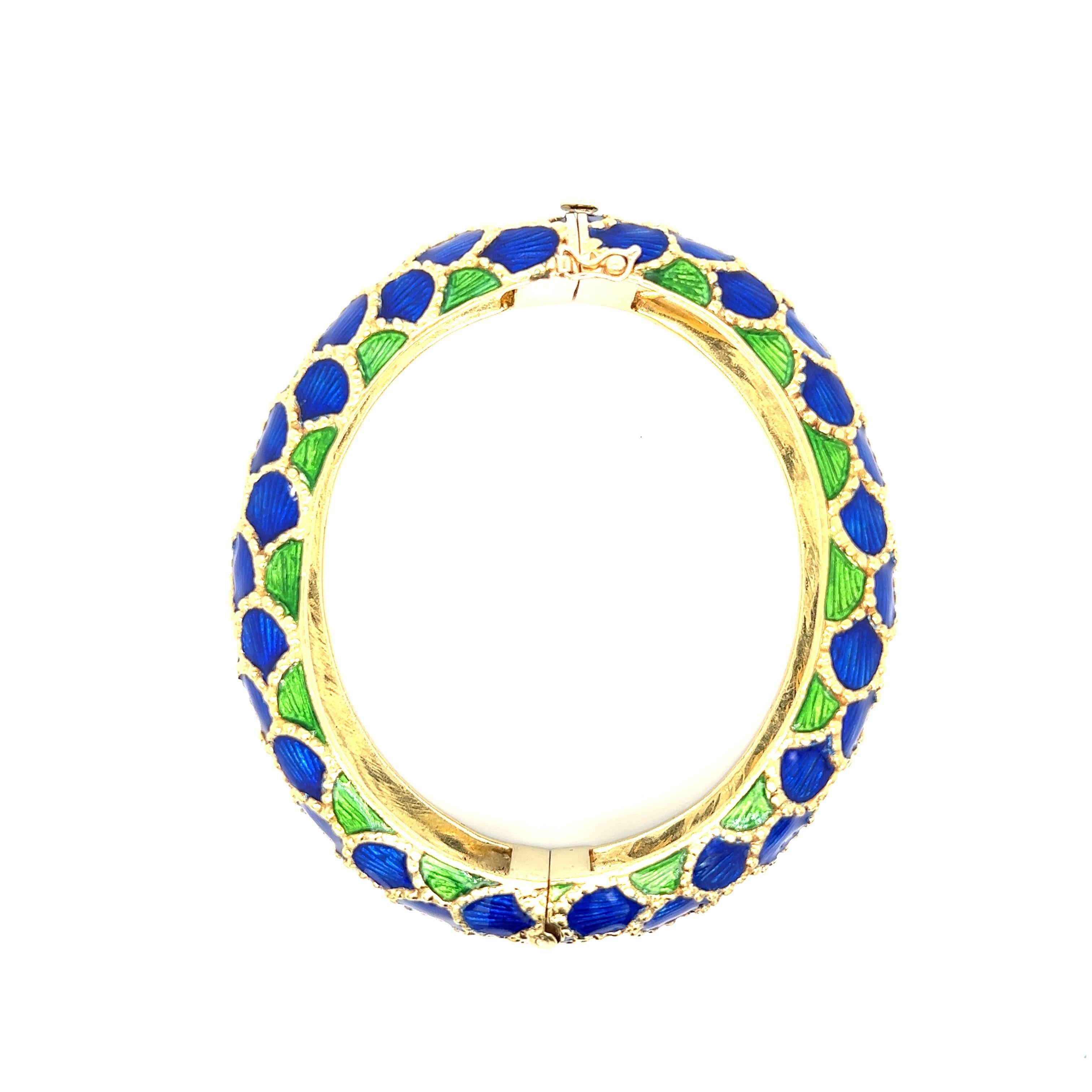 Women's Tiffany & Co. Blue & Green Enamel Gold Bangle Bracelet For Sale