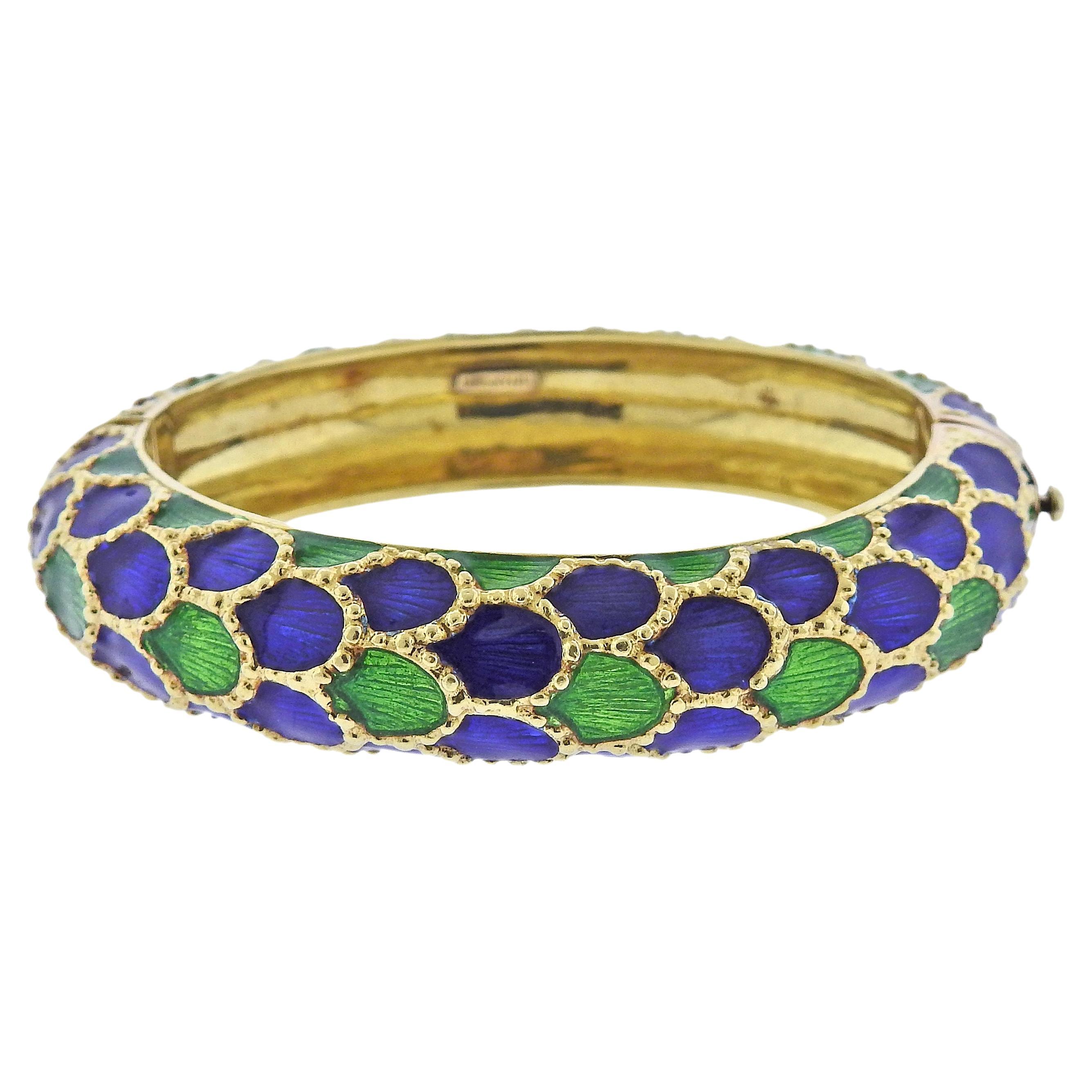 Tiffany & Co. Blue Green Enamel Gold Bangle Bracelet
