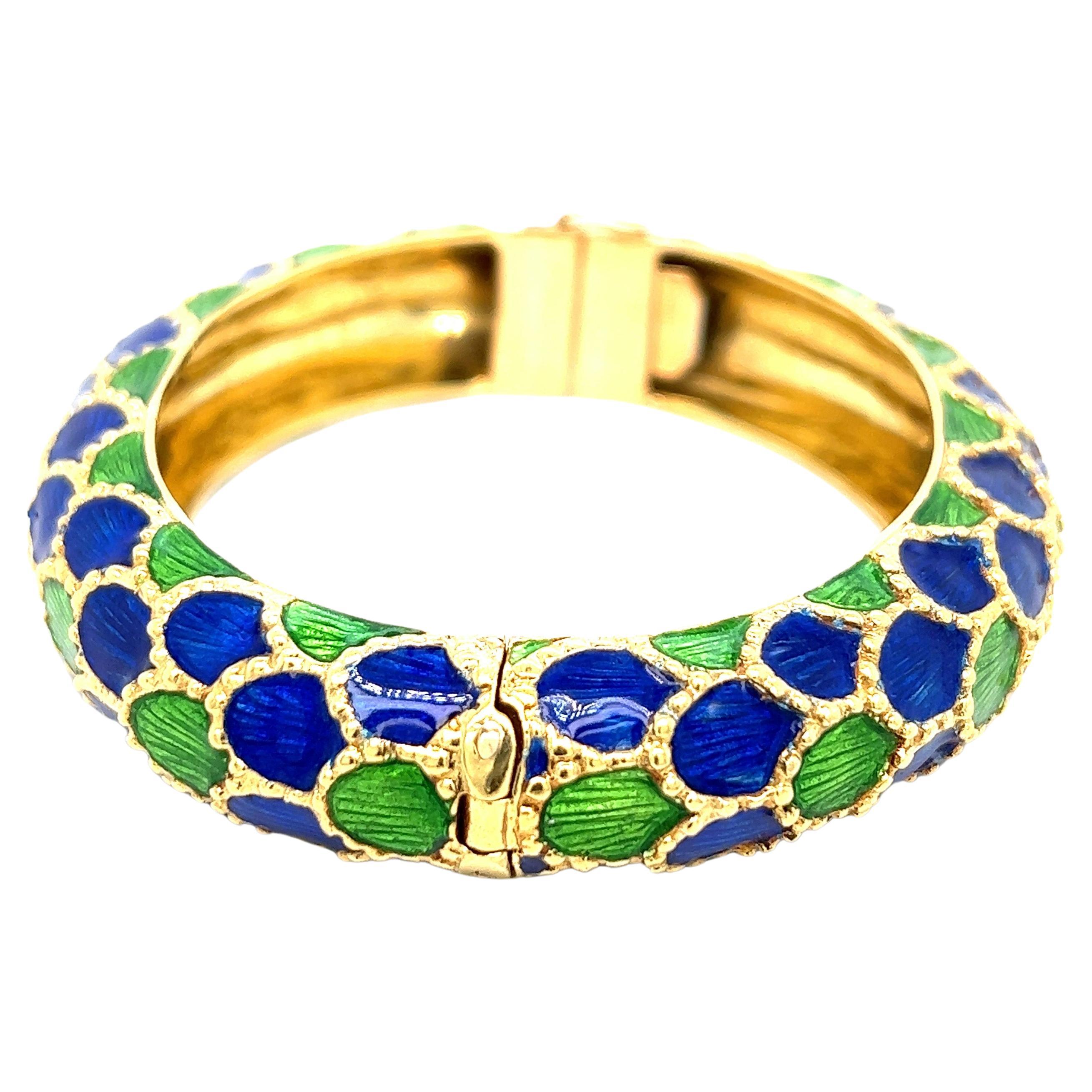 Tiffany & Co. Blue & Green Enamel Gold Bangle Bracelet