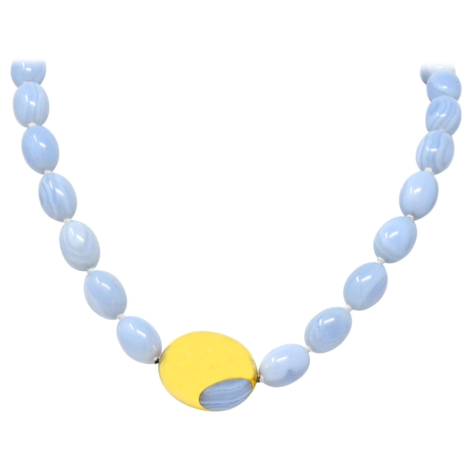 Tiffany & Co. Blue Lace Agate 18 Karat Yellow Gold Bead Necklace