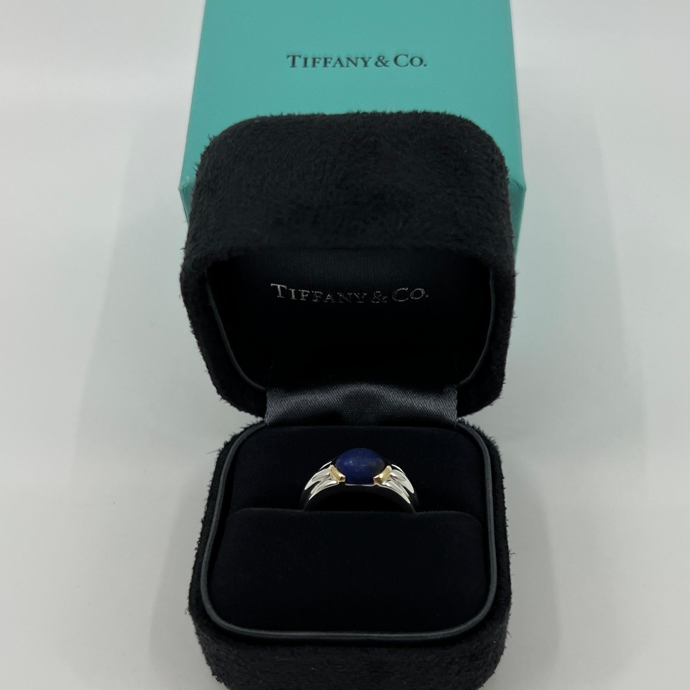 Tiffany & Co Blue Lapis Lazuli 18k Yellow Gold & Silver Solitaire Cabochon Ring For Sale 4