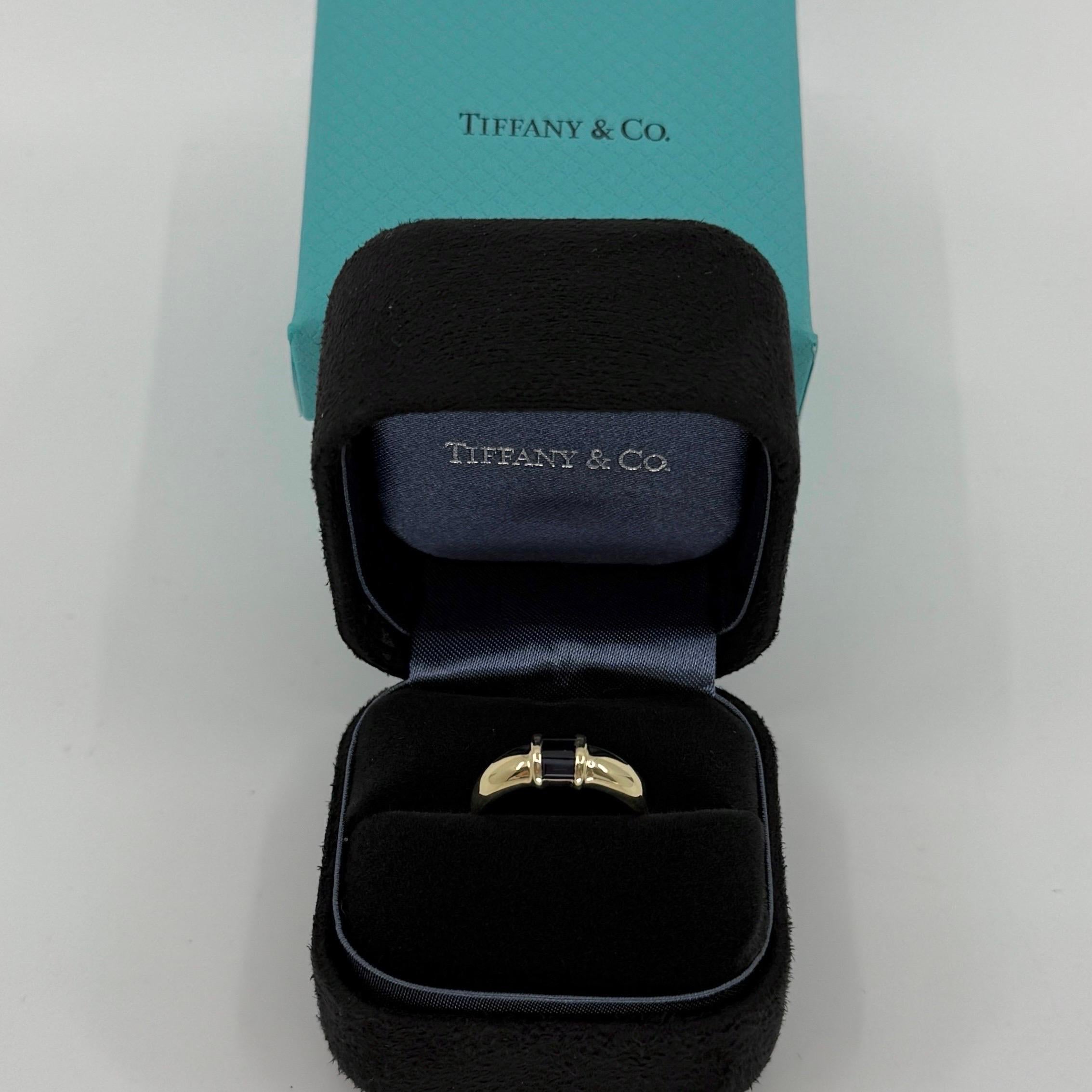 Tiffany & Co. Blue Sapphire Baguette Cut 18k Yellow Gold Three Stone Band Ring 5