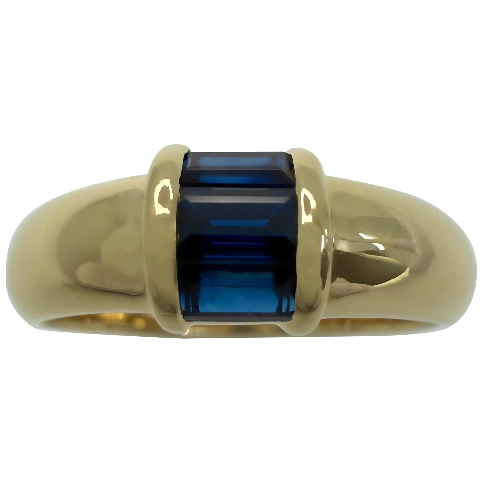 Tiffany & Co. Blue Sapphire Baguette Cut 18k Yellow Gold Three Stone Band Ring