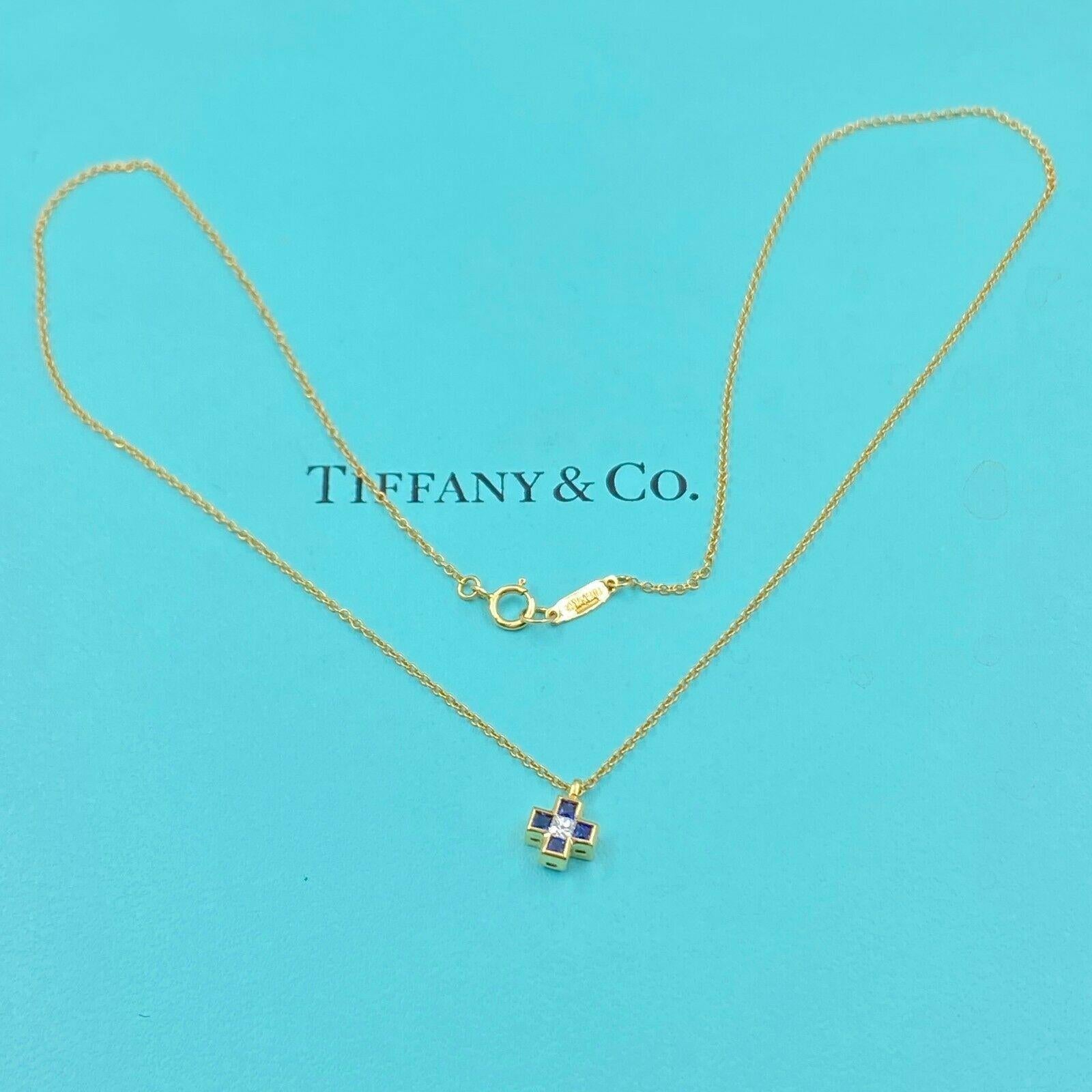 Princess Cut Tiffany & Co. Blue Sapphire Diamond Mini Cross 18 Karat Gold Pendant Necklace