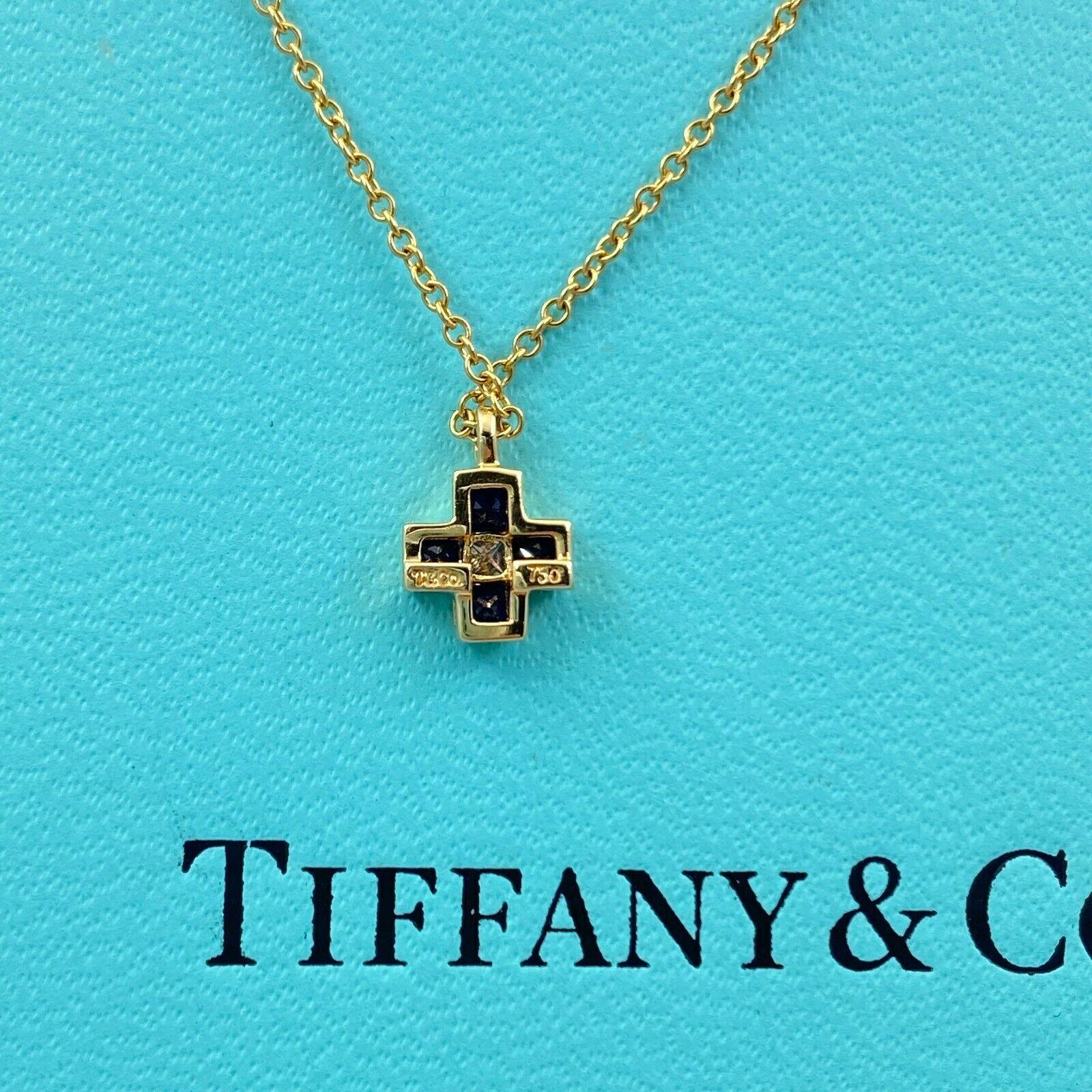 Tiffany & Co. Blue Sapphire Diamond Mini Cross 18 Karat Gold Pendant Necklace In Excellent Condition In San Diego, CA