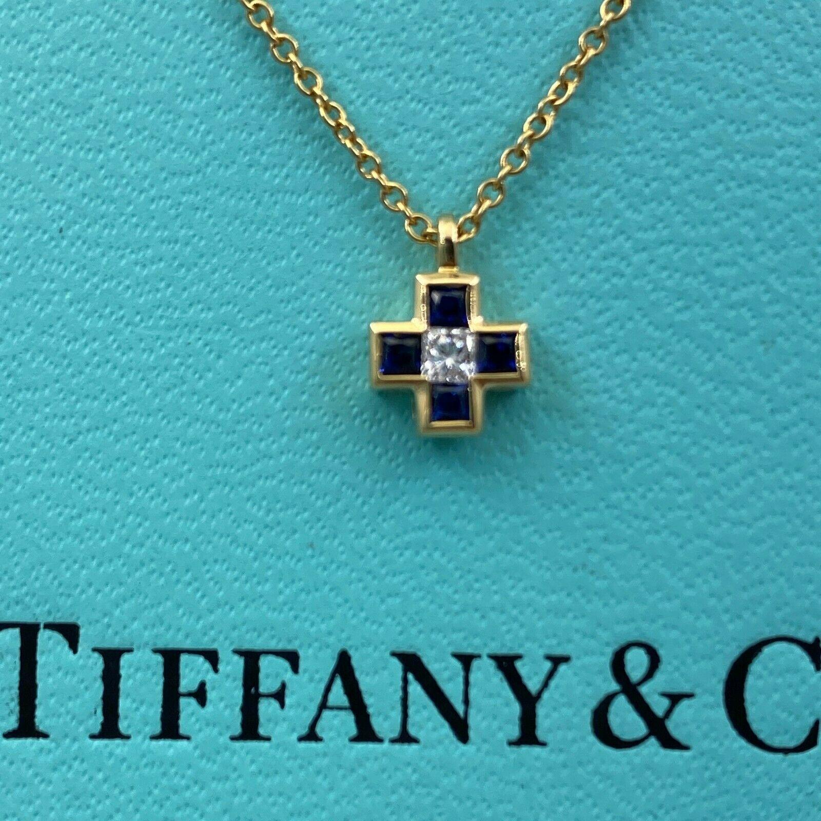 Tiffany & Co. Blue Sapphire Diamond Mini Cross 18 Karat Gold Pendant Necklace 1