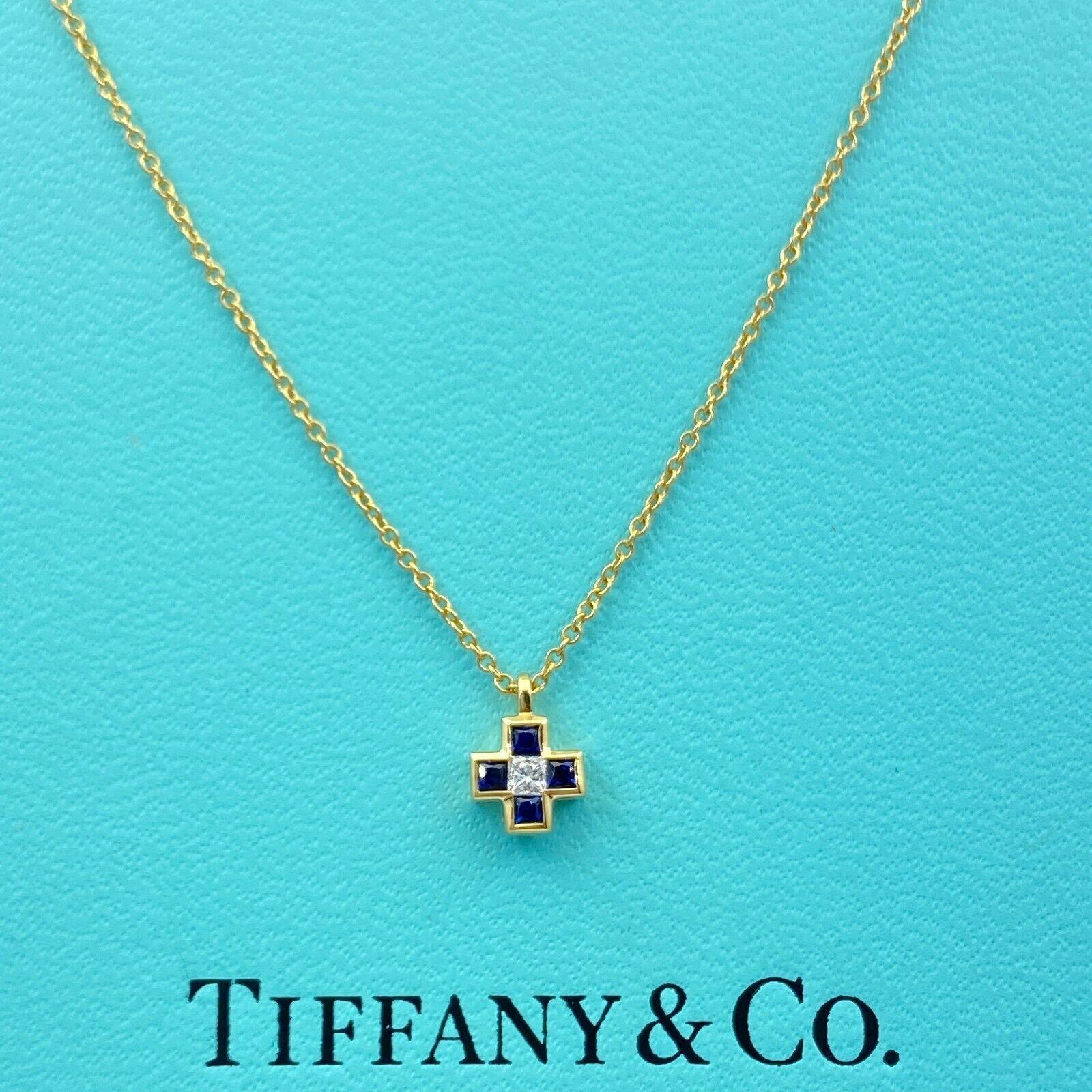 Tiffany & Co. Blue Sapphire Diamond Mini Cross 18 Karat Gold Pendant Necklace 3