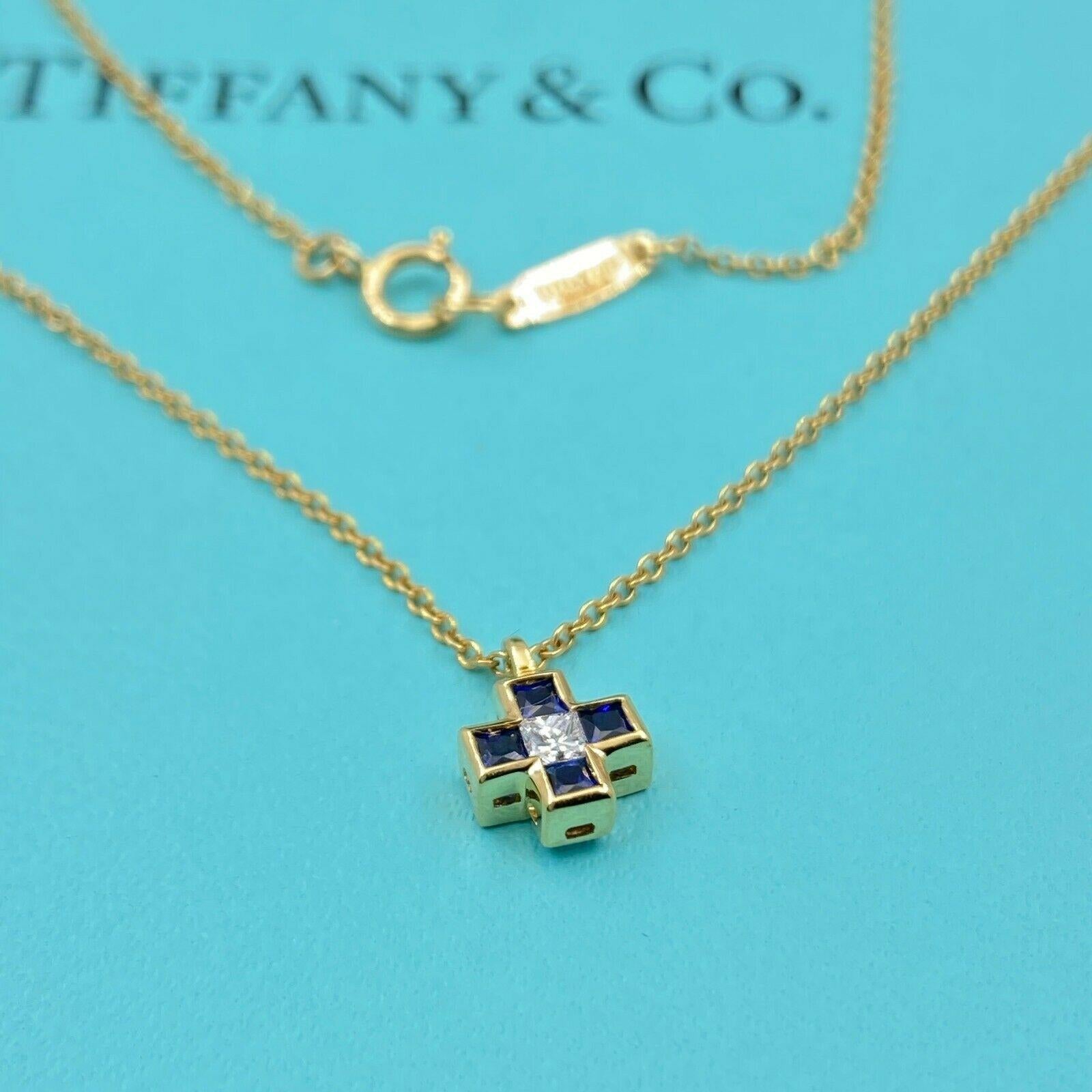 Tiffany & Co. Blue Sapphire Diamond Mini Cross 18 Karat Gold Pendant Necklace 4