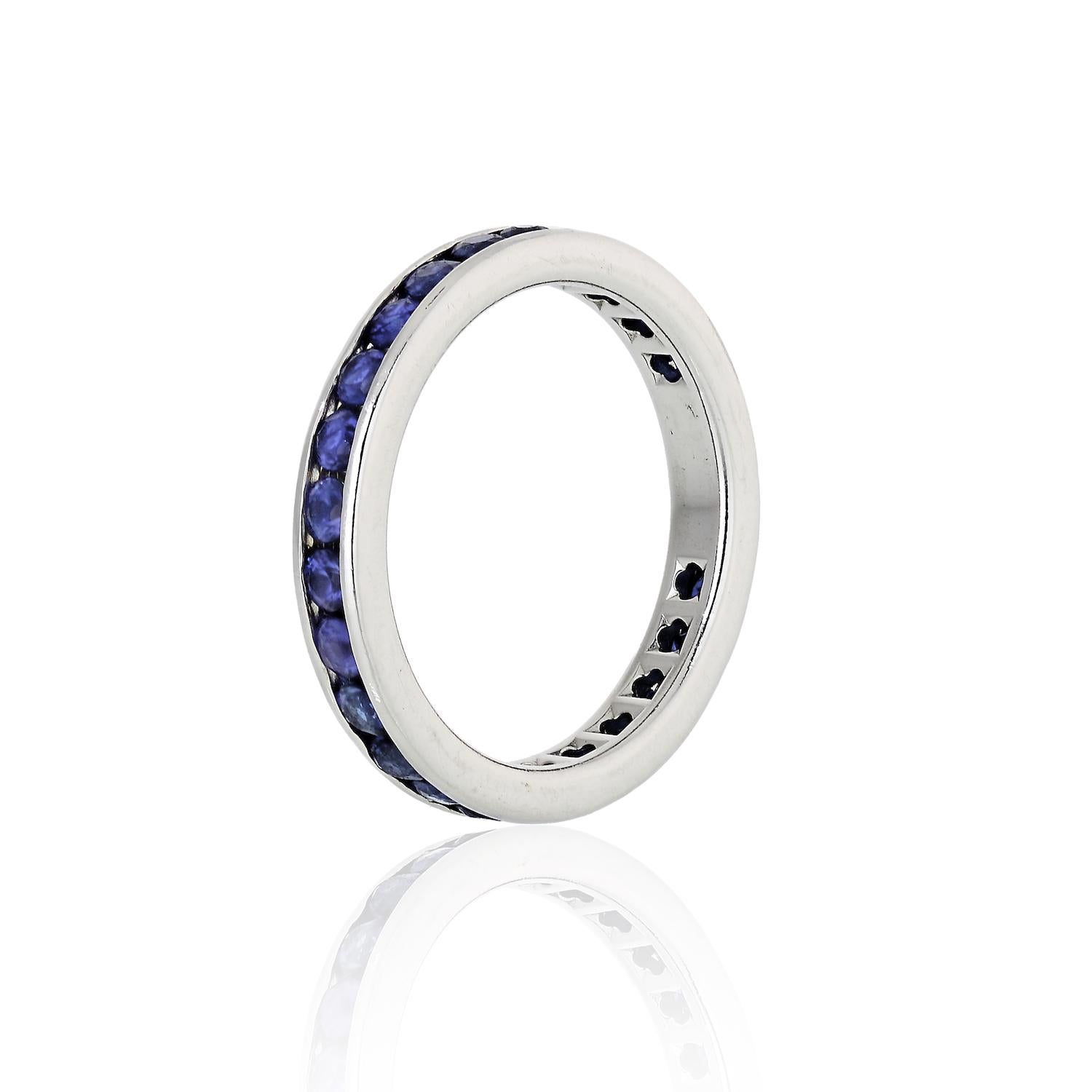Sapphire eternity ring in Platinum set with round cut blue sapphires. 
Extra comfortable on the finger with softly rounded edges. 
Ring Width: 3mm
Ring Size: 5
Carat Weight: 1.00cts approx.