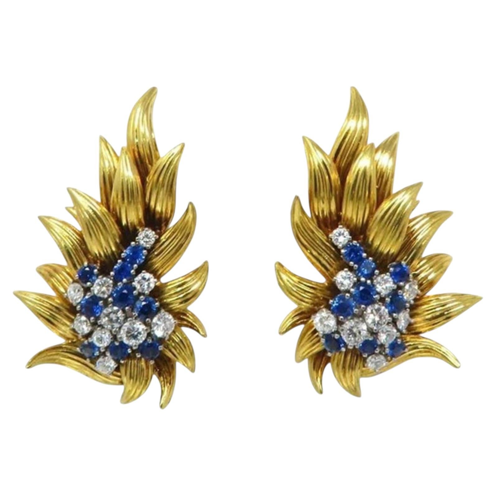 TIFFANY & Co. Saphirs bleus Diamants Platine Or jaune 18k Boucles d'oreilles Boucles d'oreilles en vente