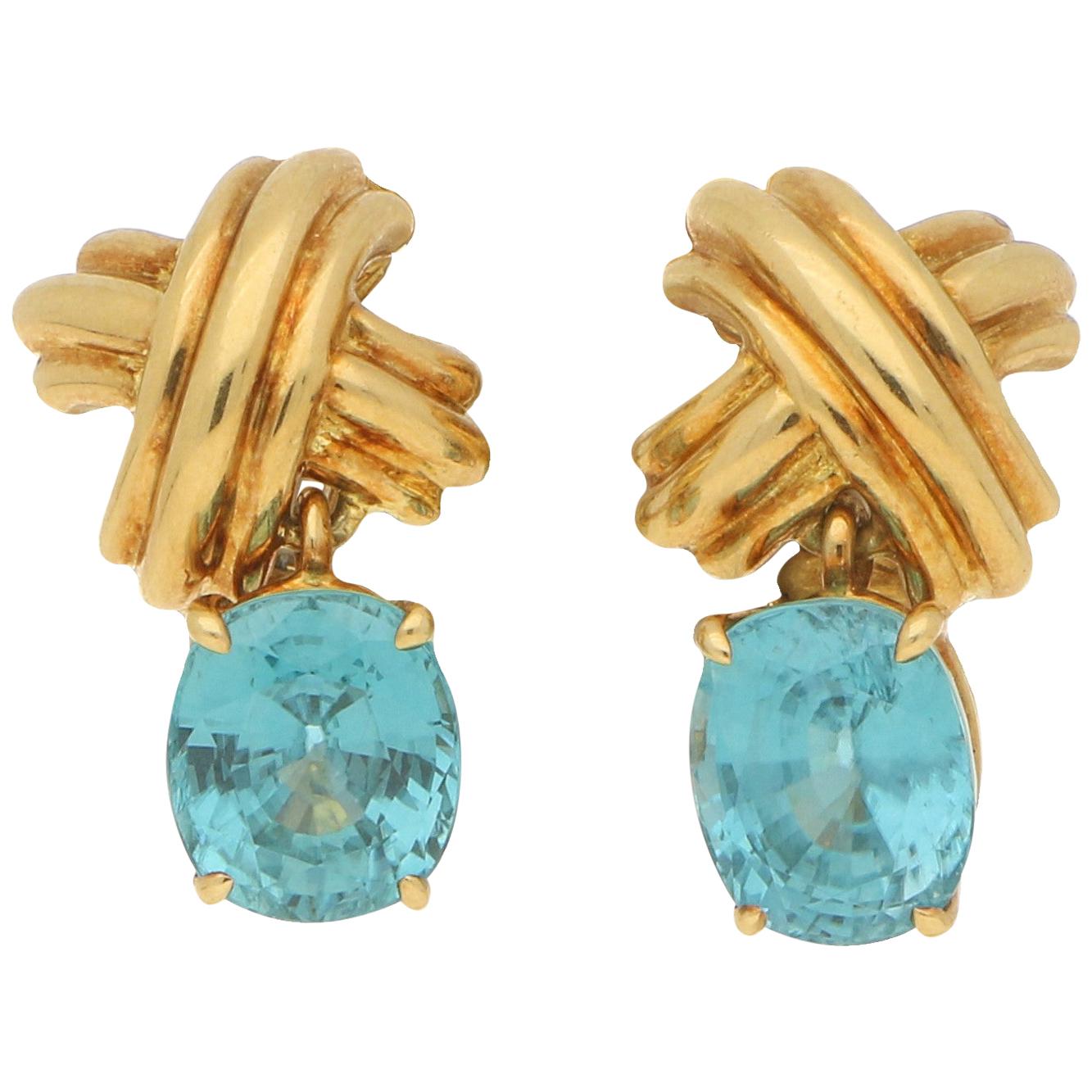  Tiffany & Co. Blue Zircon Cross Earrings in 18 Carat Yellow Gold