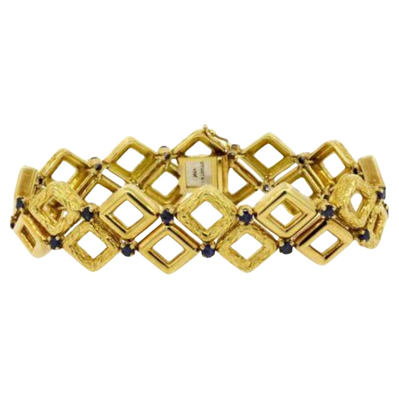 Tiffany & Co. Bracelet Vintage 18k Gold Sapphires Squares Retro 8" Heavy 58.8g For Sale