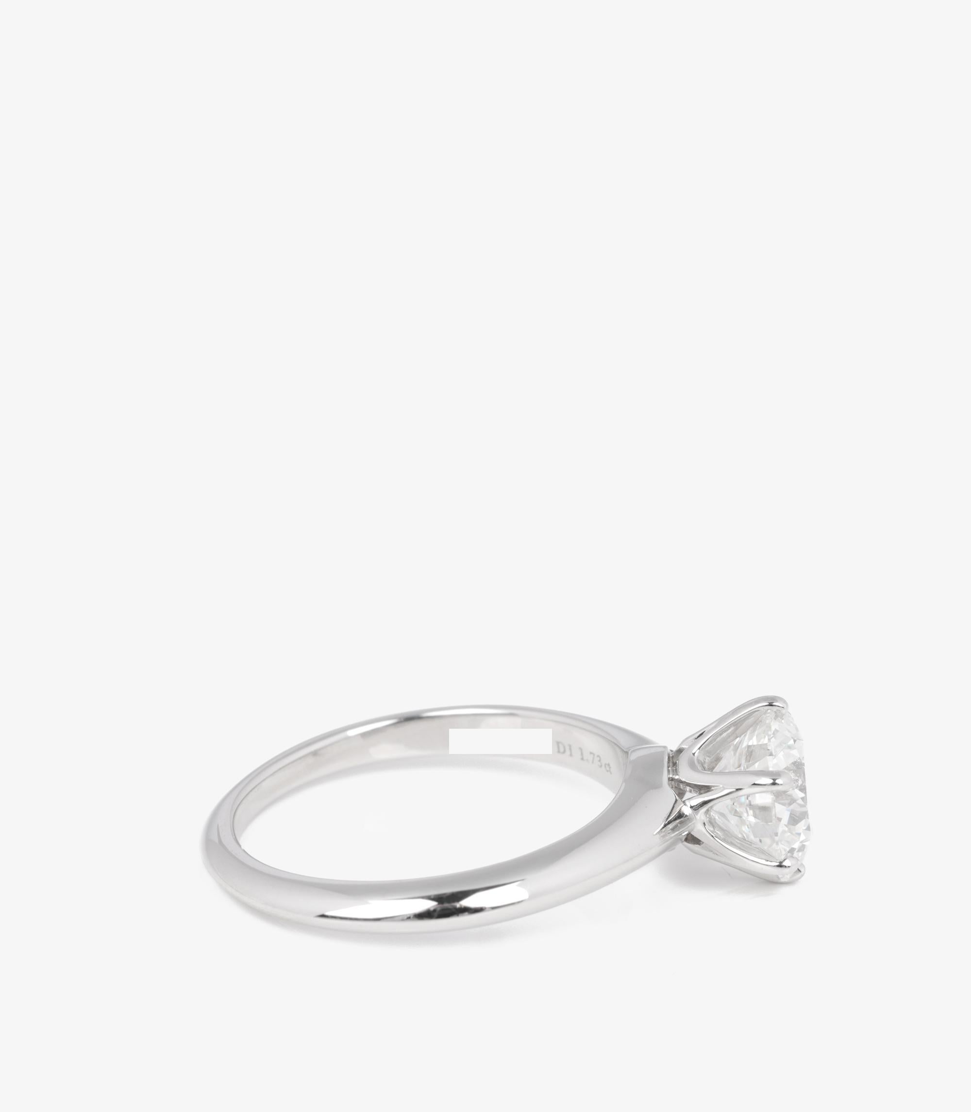 Women's or Men's Tiffany & Co. Brilliant Cut 1.73ct Diamond Platinum Tiffany Setting Ring For Sale