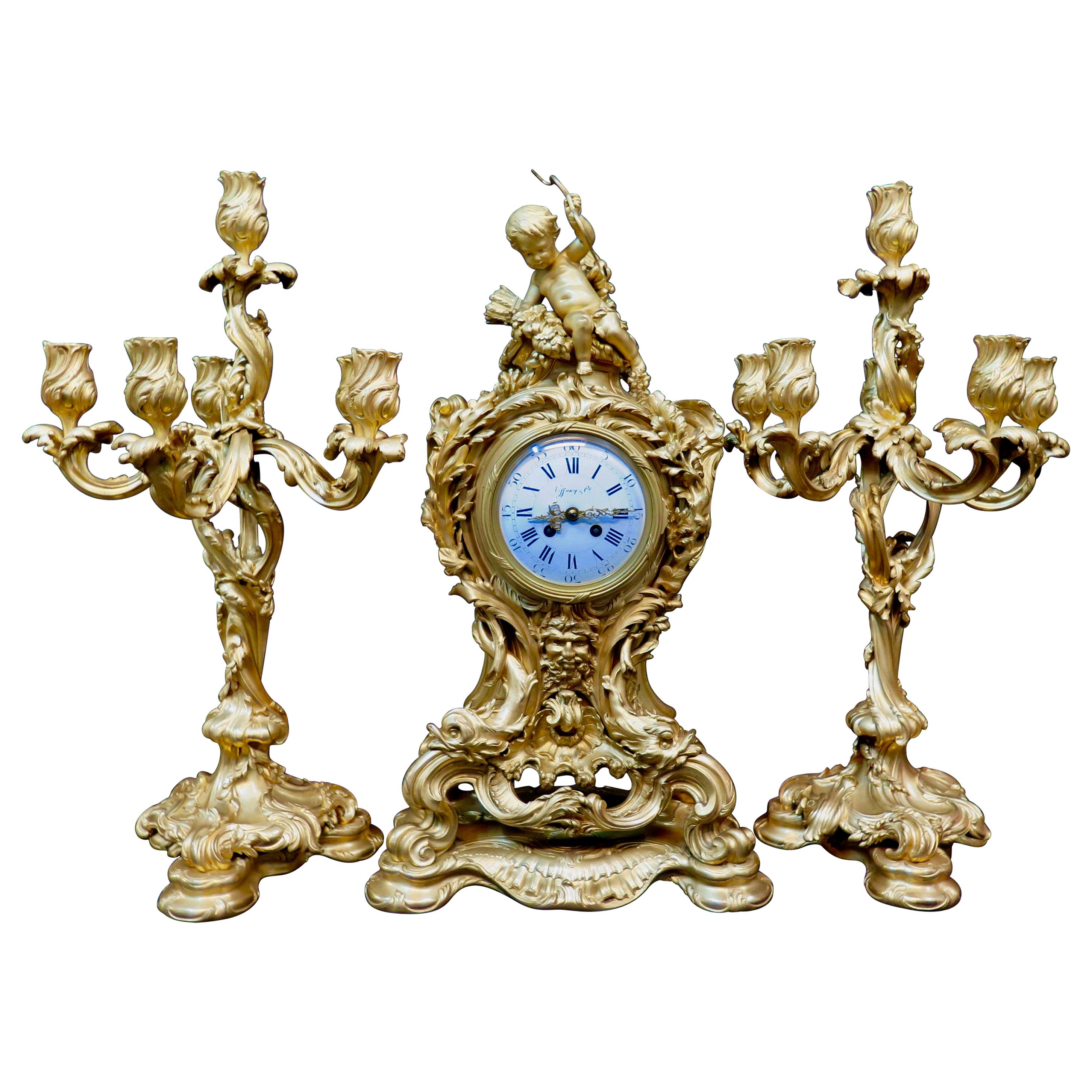 Tiffany & Co. Bronze Clock Ensemble, E. Colin & Cie For Sale