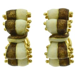 Tiffany & Co. Brown White Enamel 18k Gold Double Ribbon Bow Tie Clip-On Earrings