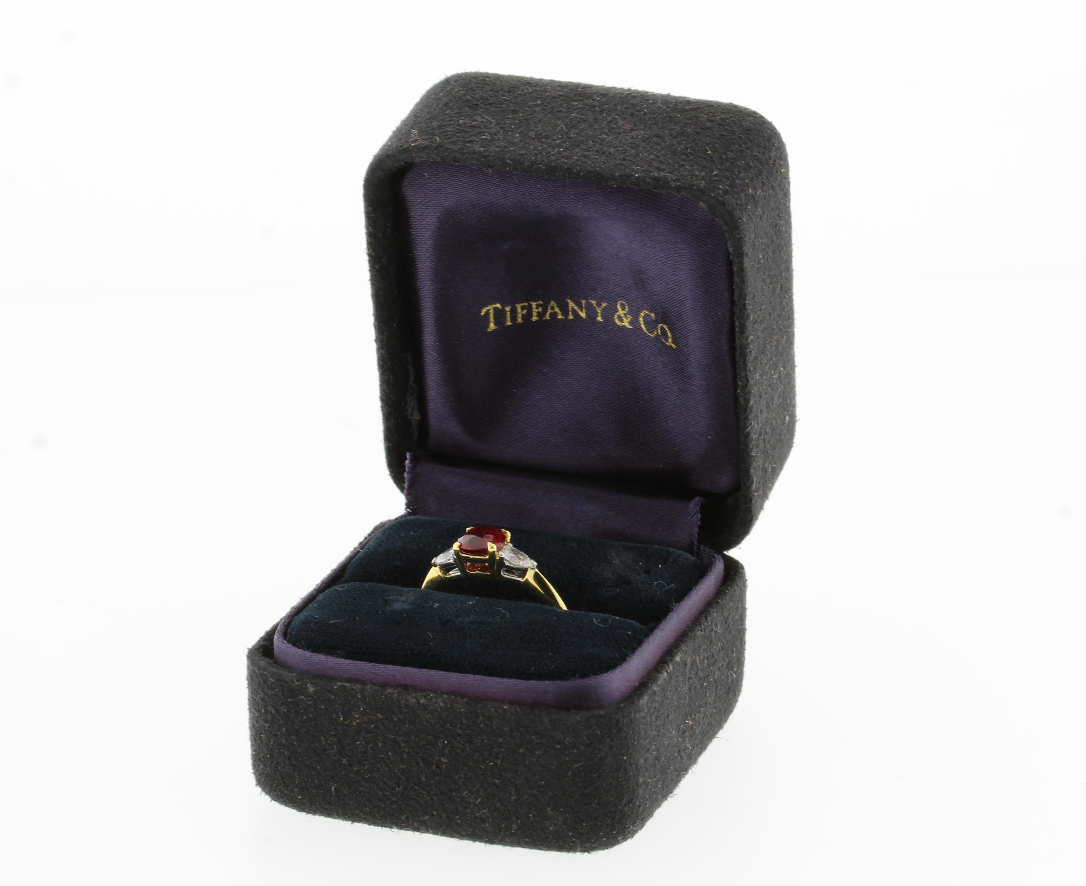 Tiffany & Co. Burma Ruby and Diamond Three-Stone Ring In Excellent Condition In Bethesda, MD