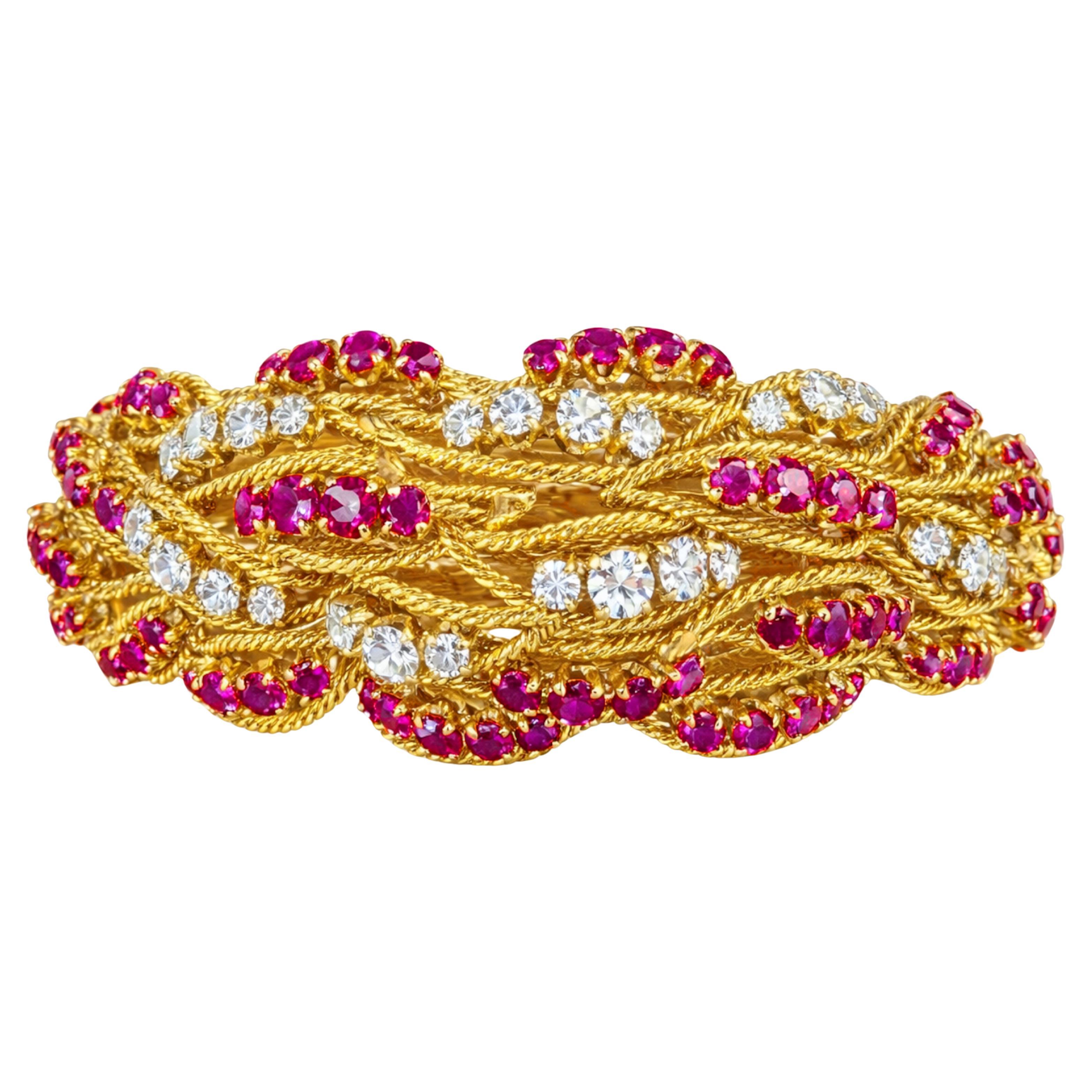 Tiffany 
Co. Burmese Ruby and Diamond Bracelet in 18K Yellow Gold For Sale