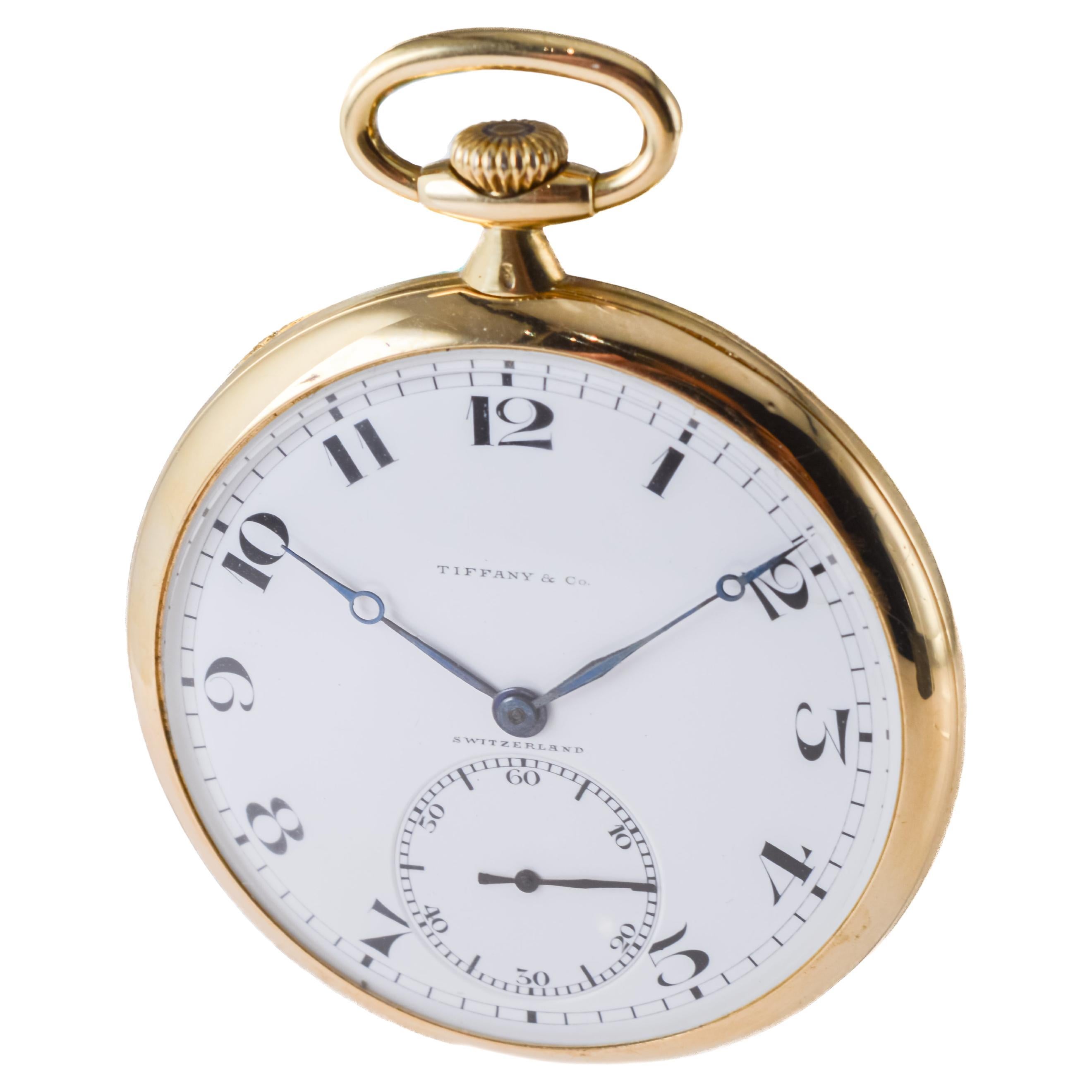 Tiffany & Co. by Agassiz 18Kt Solid Gold Art Deco Pocket Watch circa 1920's In Excellent Condition In Long Beach, CA