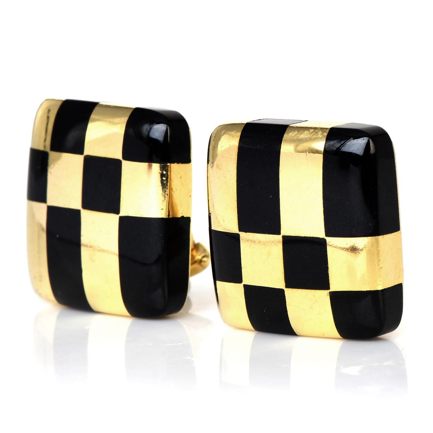These fashionable Tiffany & Co. from the designer Angela Cummings,

a classic & desirable look from 1982.

They are crafted in solid 18k yellow gold, embellished with inlay style Black Jade stones, creating a checkerboard pattern with the high