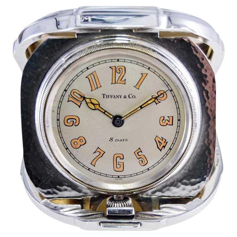 Tiffany & Co. by Concord Sterling Silver Art Deco Hand Hammered 8 Day Clock 1930 For Sale