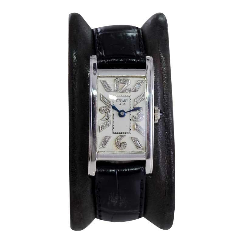 Tiffany & Co. by E. Huguenin Platinum Art Deco Tank Style Watch Hand Made 1930's In Excellent Condition For Sale In Long Beach, CA