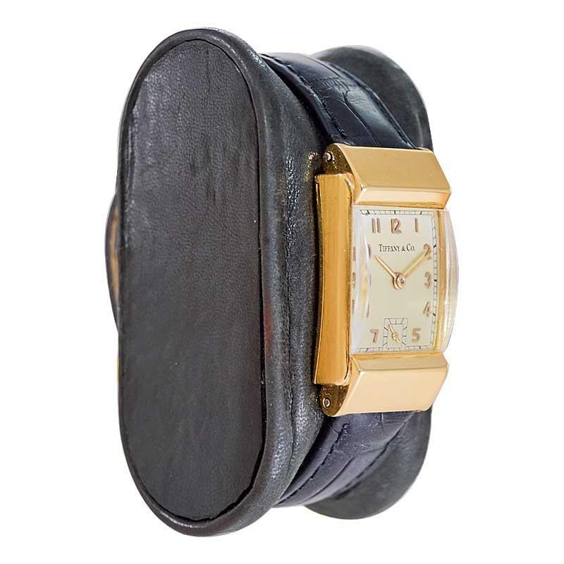 FACTORY / HOUSE: Tiffany & Co. by C,H. Meylan
STYLE / REFERENCE: Art Deco / Tank Style 
METAL / MATERIAL: 18KT Yellow Gold
CIRCA / YEAR: 1940's
DIMENSIONS / SIZE: Length 36mm X Width 22mm
MOVEMENT / CALIBER: Manual Winding / 18 Jewels / High