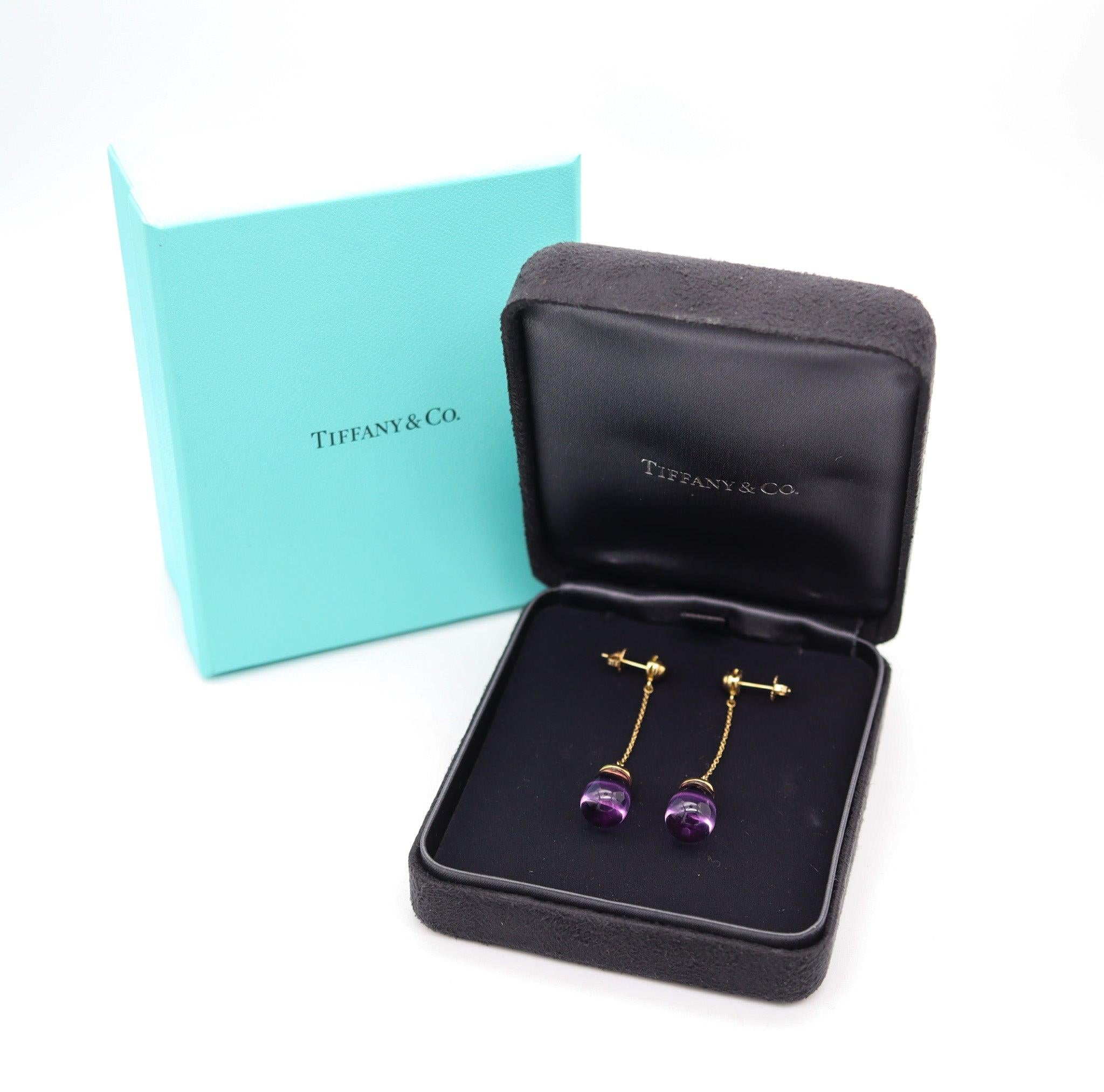 Modernist TIFFANY & CO. By Paloma Picasso Dangle Drops Earrings In 18Kt Gold & Amethysts