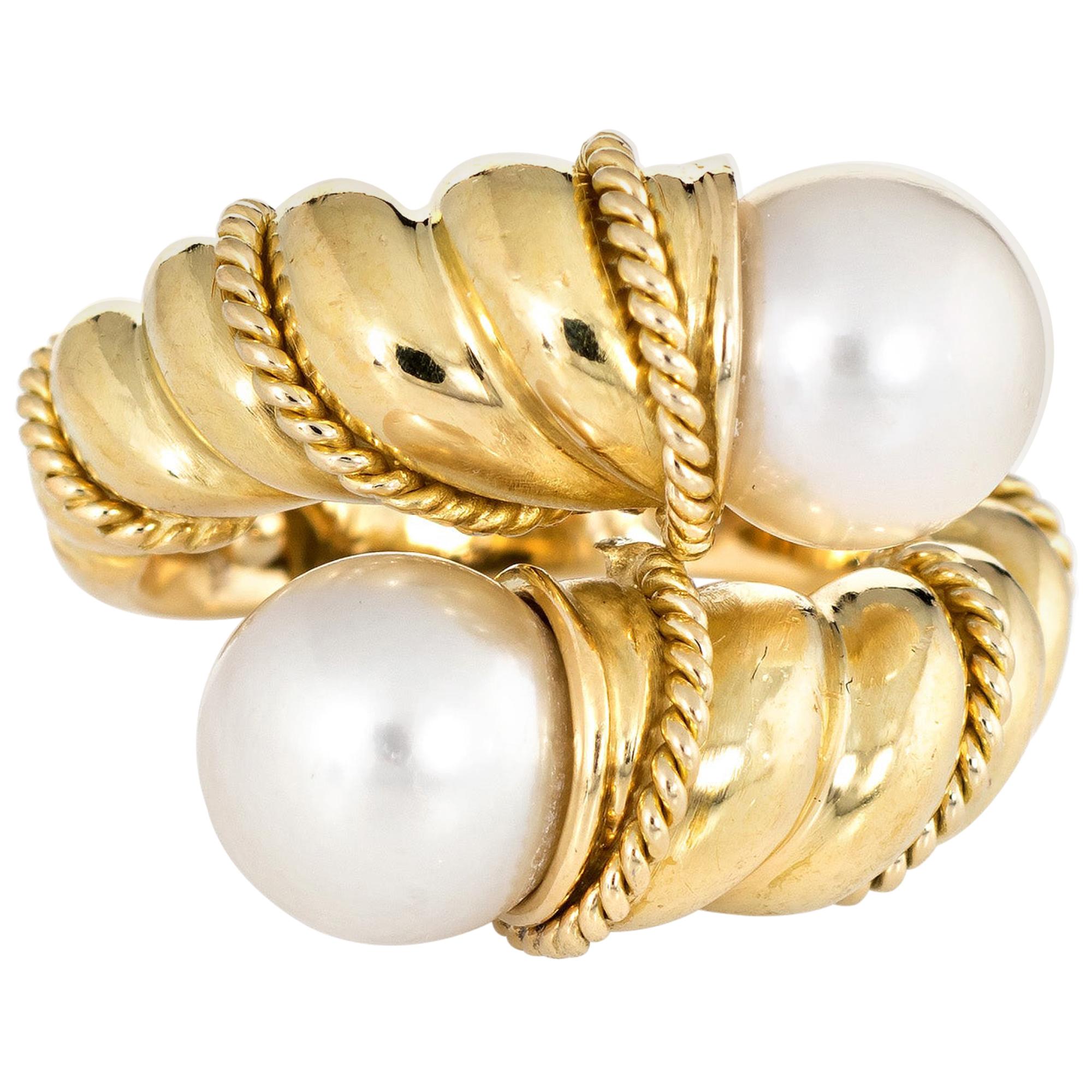 Tiffany & Co. Bypass Ring Vintage Cultured Pearl 18 Karat Yellow Gold Rope Twist