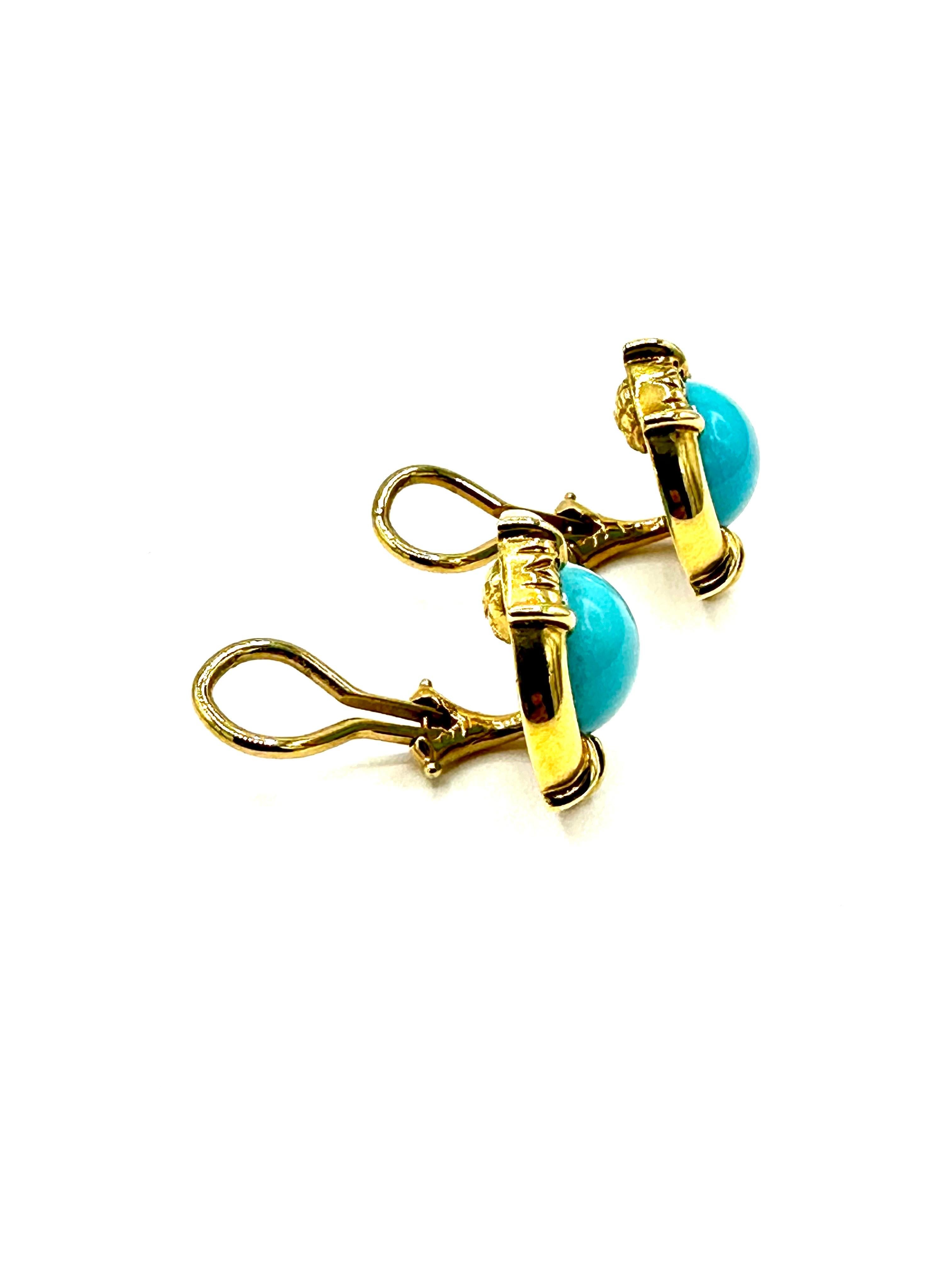 A very simple and easy to wear pair of Tiffany & Co. Turquoise and Diamond earrings!  The earrings have a cabochon cut center Turquoise bezel set in an 18K yellow gold circular frame containing three stations with two round brilliant Diamonds in