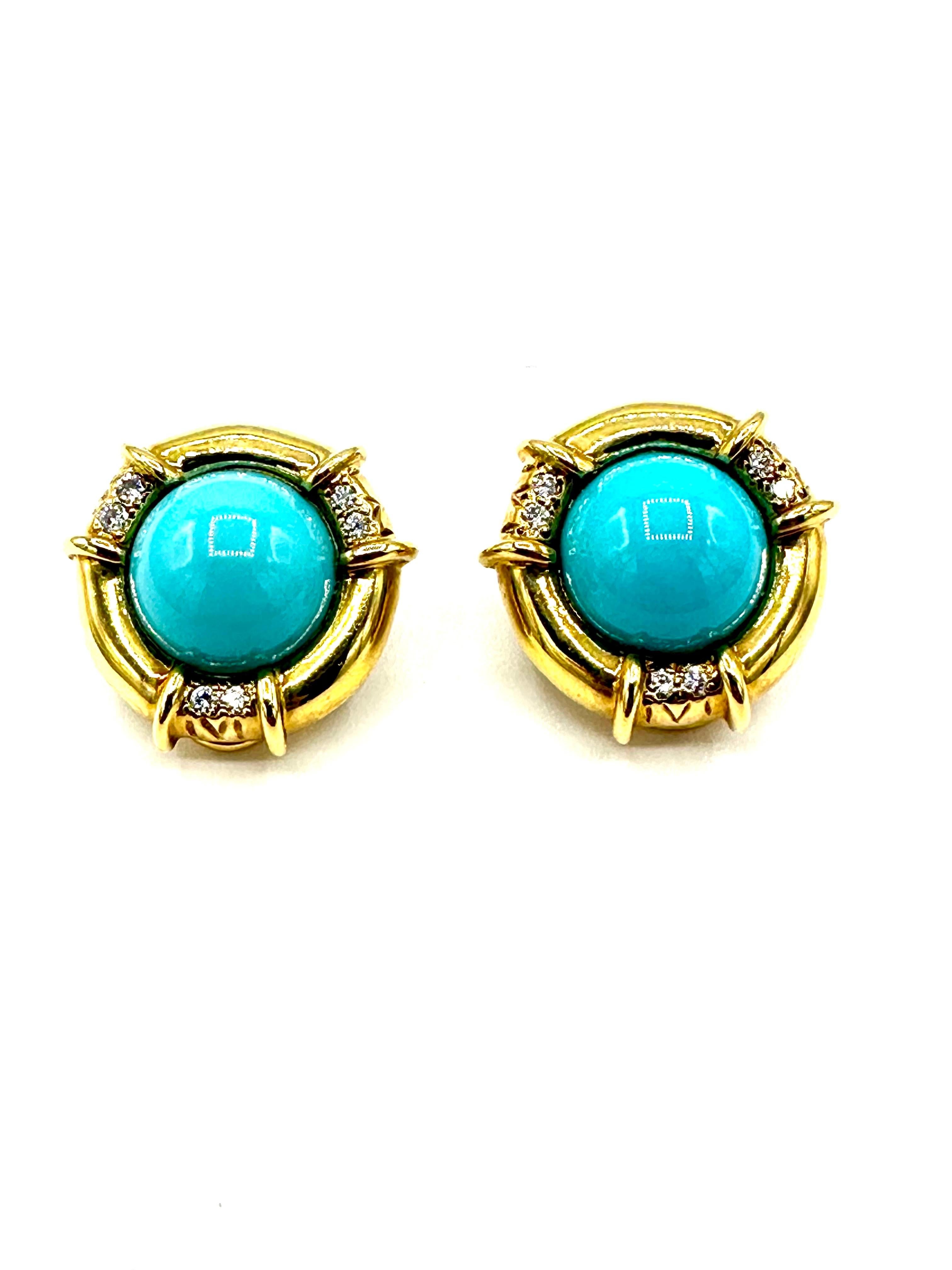 Tiffany & Co. Cabochon Turquoise and Diamond 18K Yellow Gold Clip Earrings For Sale 1