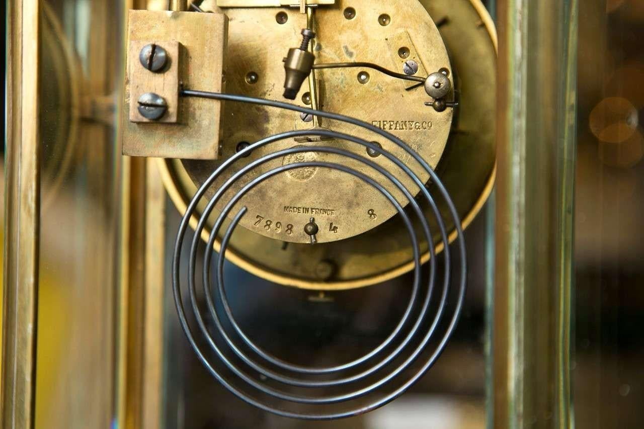 French Tiffany & Co, Carriage Clock, Brass, Glass, France, 1930s