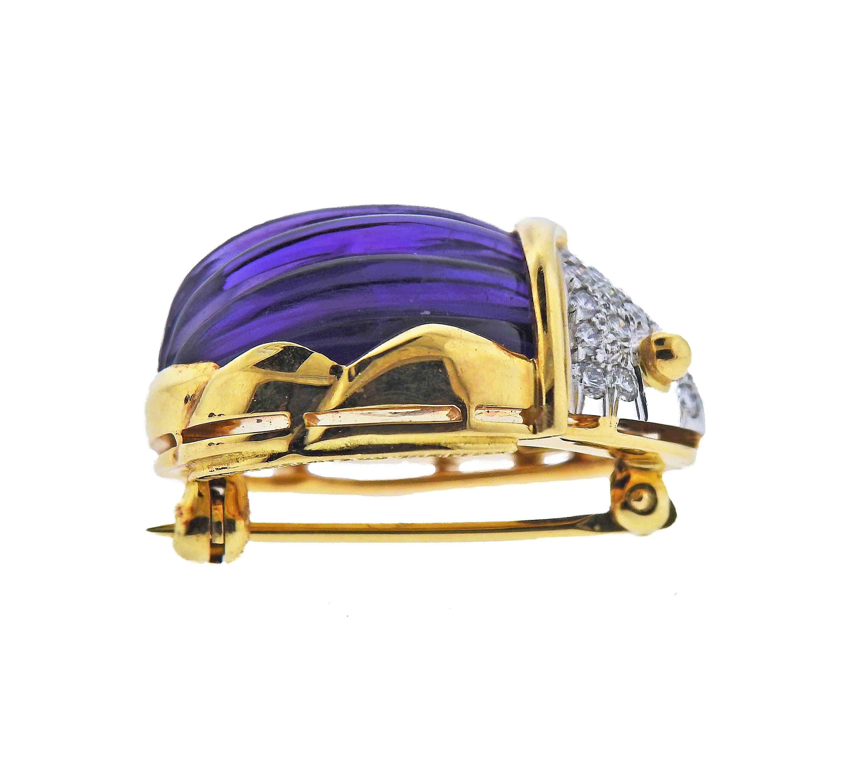 Tiffany & Co. Carved Amethyst Diamond Gold Beetle Earrings Brooch Set In Excellent Condition For Sale In New York, NY