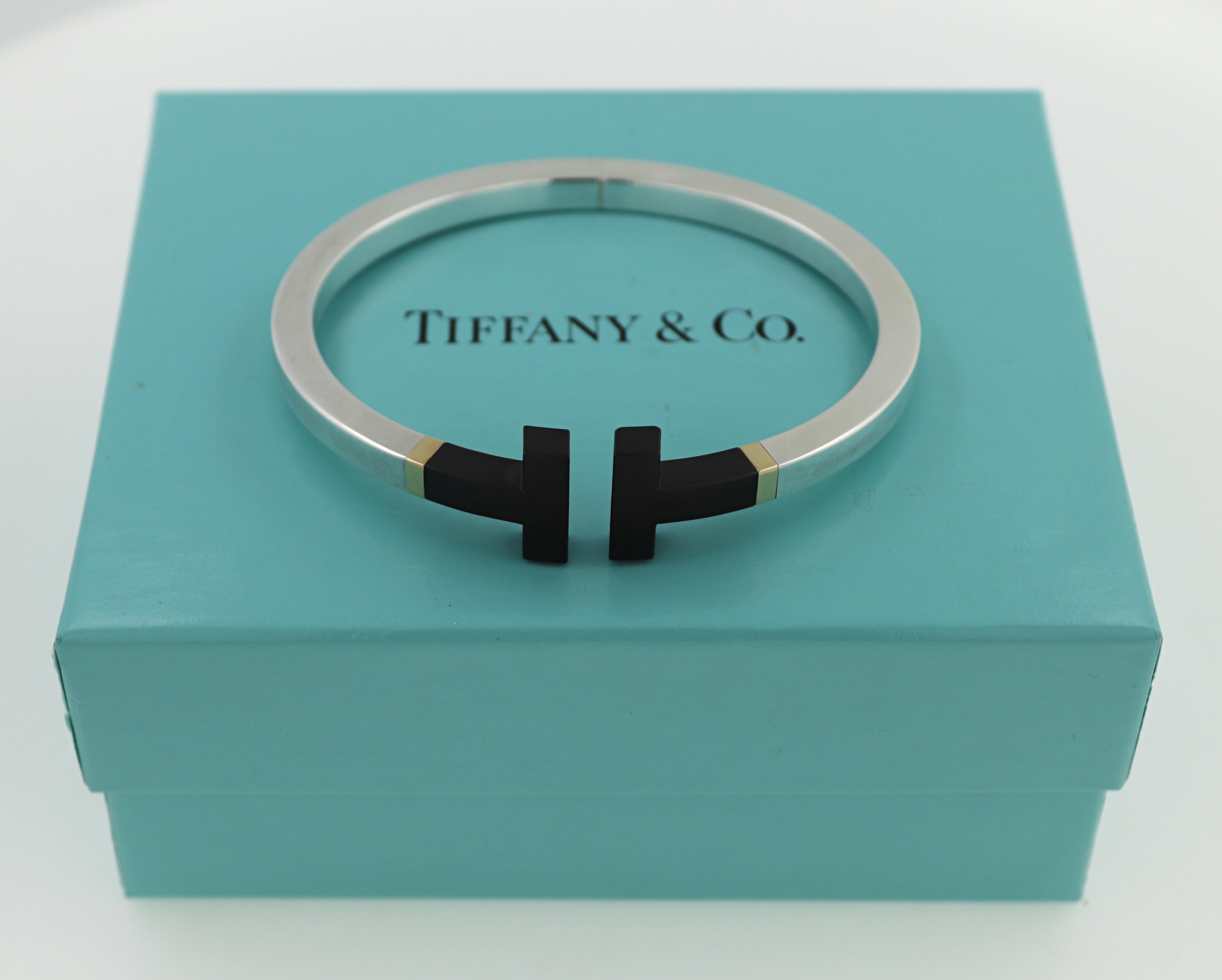 Tiffany & Co. Ceramic, Sterling Silver, 18k Yellow Gold “T” Bracelet For Sale 12