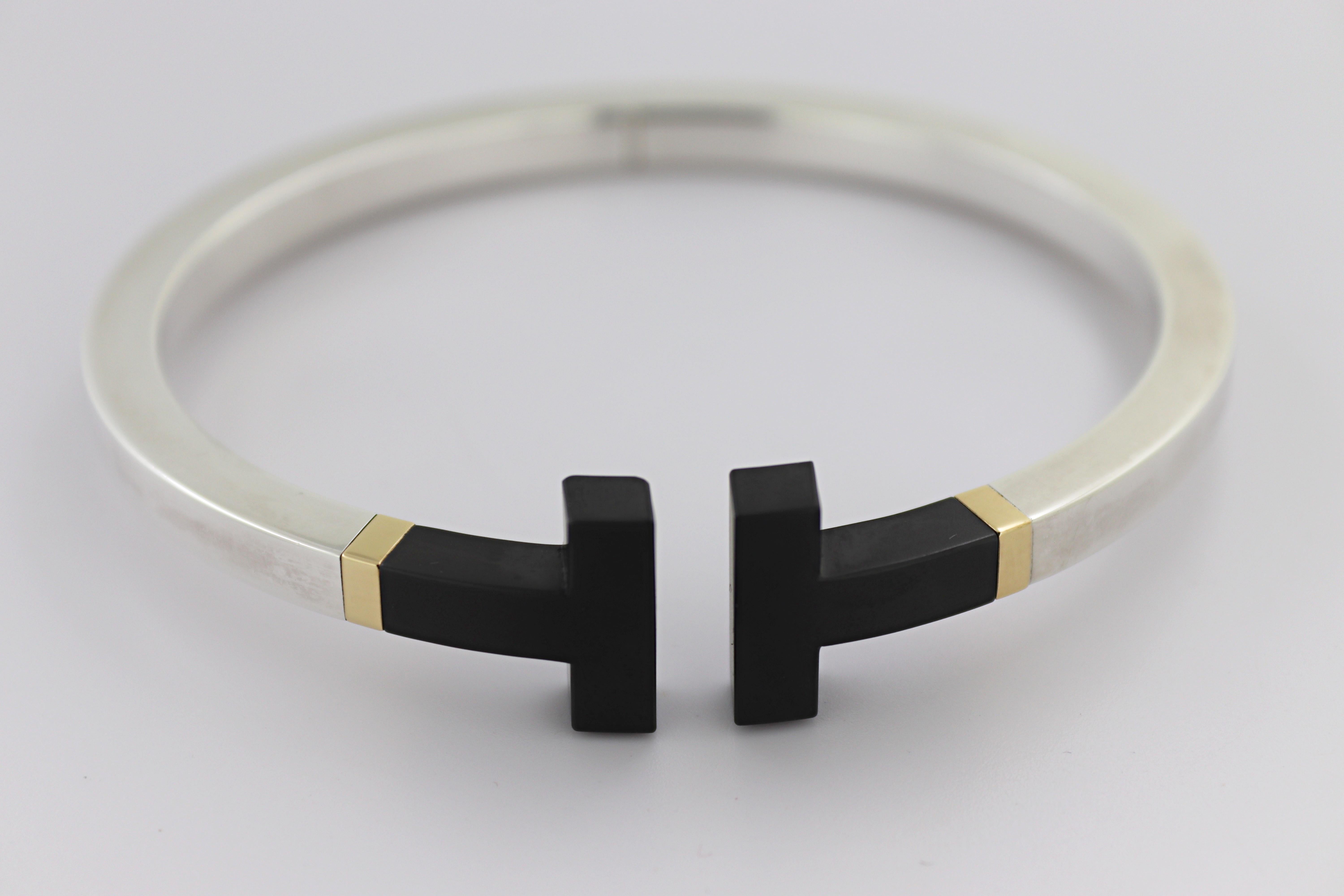 Tiffany & Co. Ceramic, Sterling Silver, 18k Yellow Gold “T” Bracelet In Good Condition For Sale In Pleasant Hill, CA