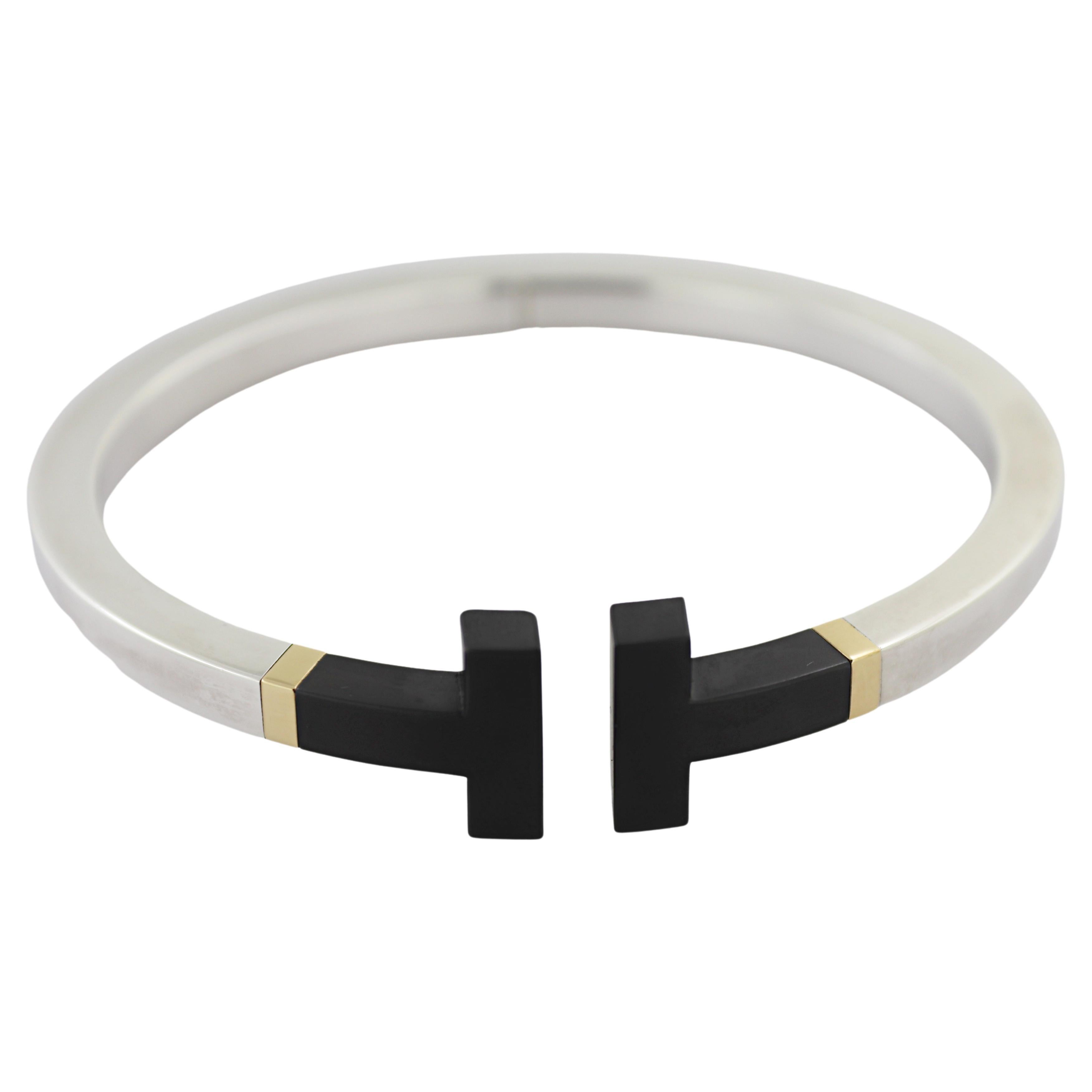 Tiffany & Co. Ceramic, Sterling Silver, 18k Yellow Gold “T” Bracelet For Sale