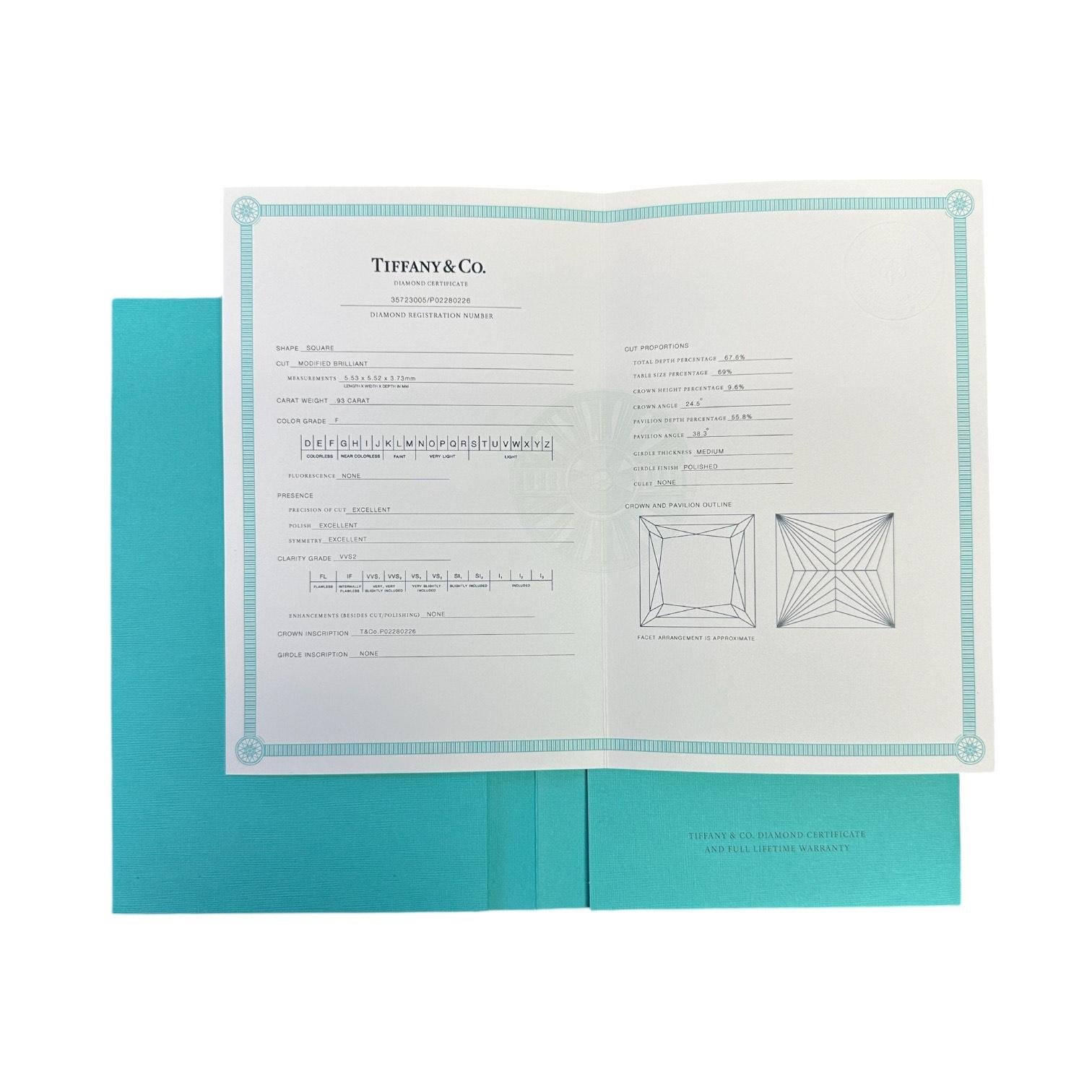 Square Cut Tiffany & Co. Certificate .93CT F VVS2 Platinum Solitaire Engagement Ring For Sale