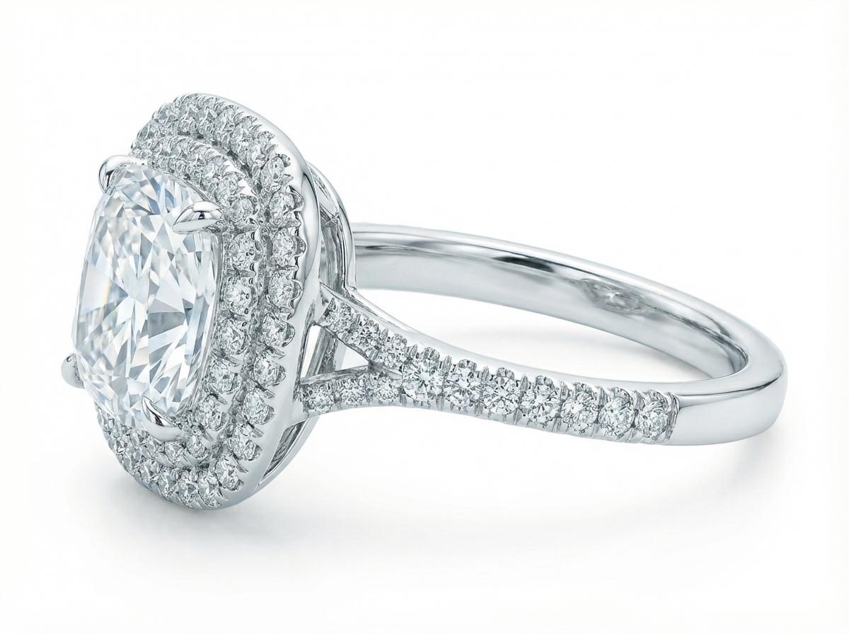 Cette bague est une pièce exceptionnelle et de haute qualité de Tiffany & Co. Elle est ornée d'un diamant central Brilliant Cushion-Cut CERTIFIED de Tiffany pesant 1,72 carats. Le diamant est de couleur H, de pureté VS1 et présente une taille, un
