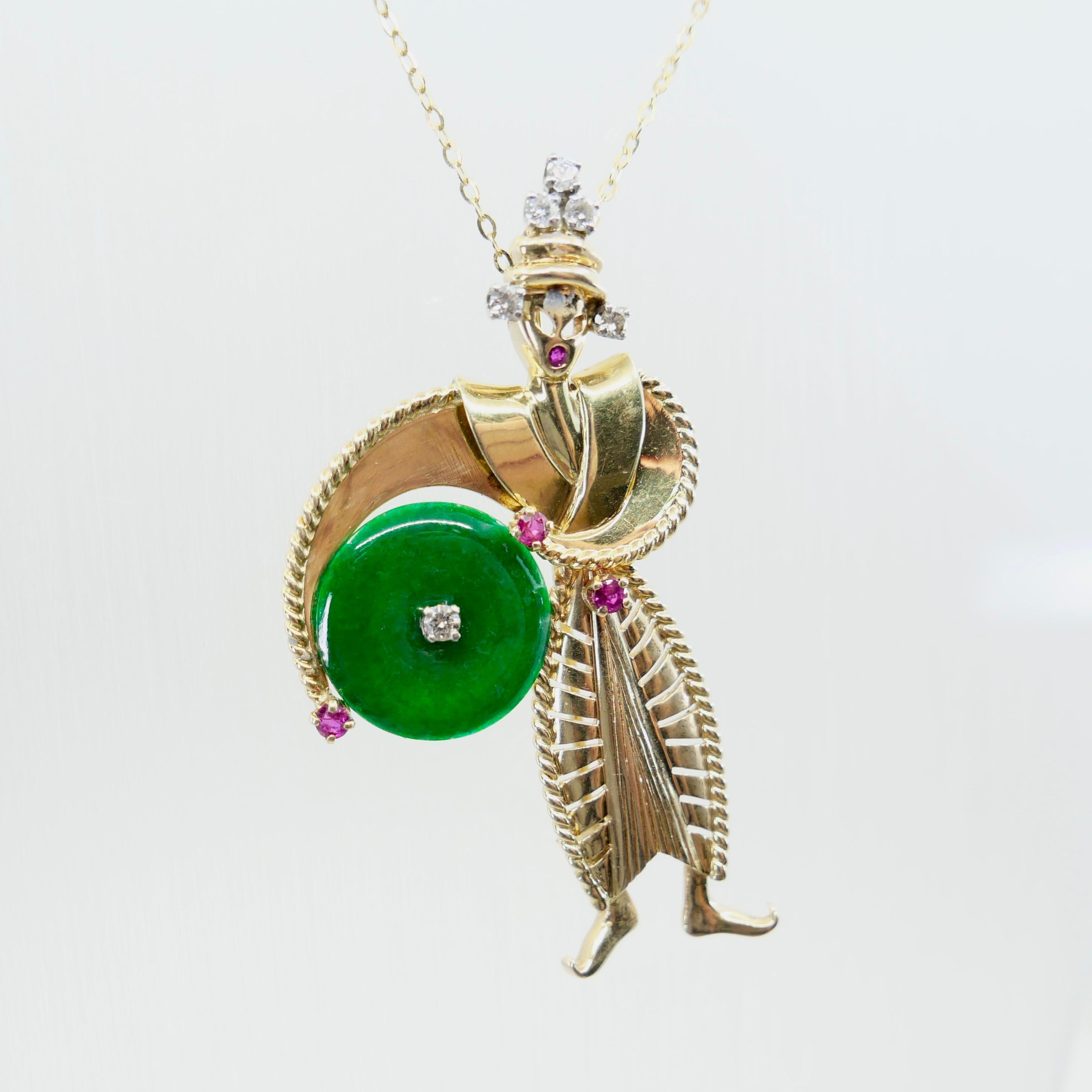 Tiffany & Co Certified Jade, Burma Rubies & Diamond Brooch Pendant. 1950's For Sale 6