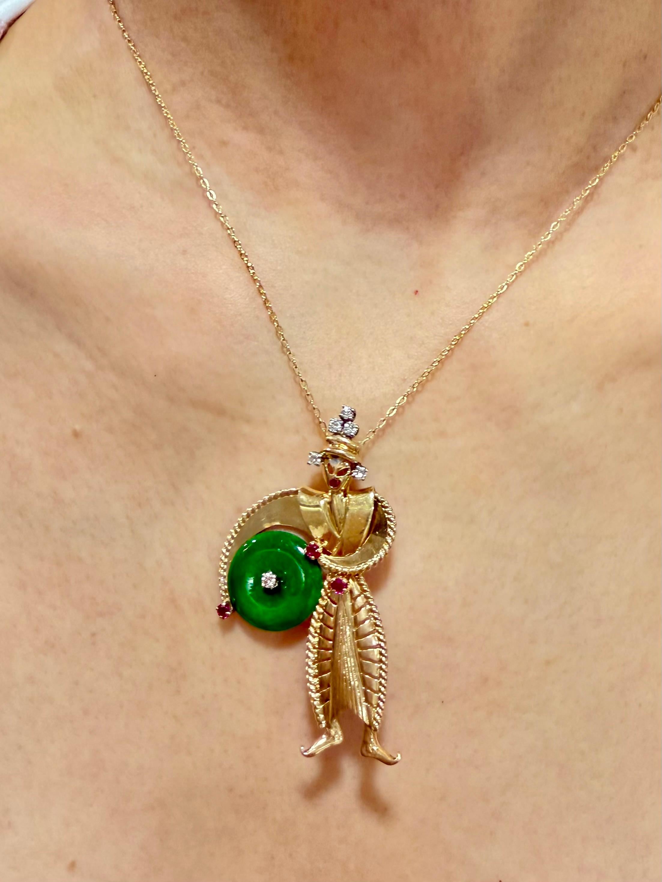 Tiffany & Co Certified Jade, Burma Rubies & Diamond Brooch Pendant. 1950's For Sale 7