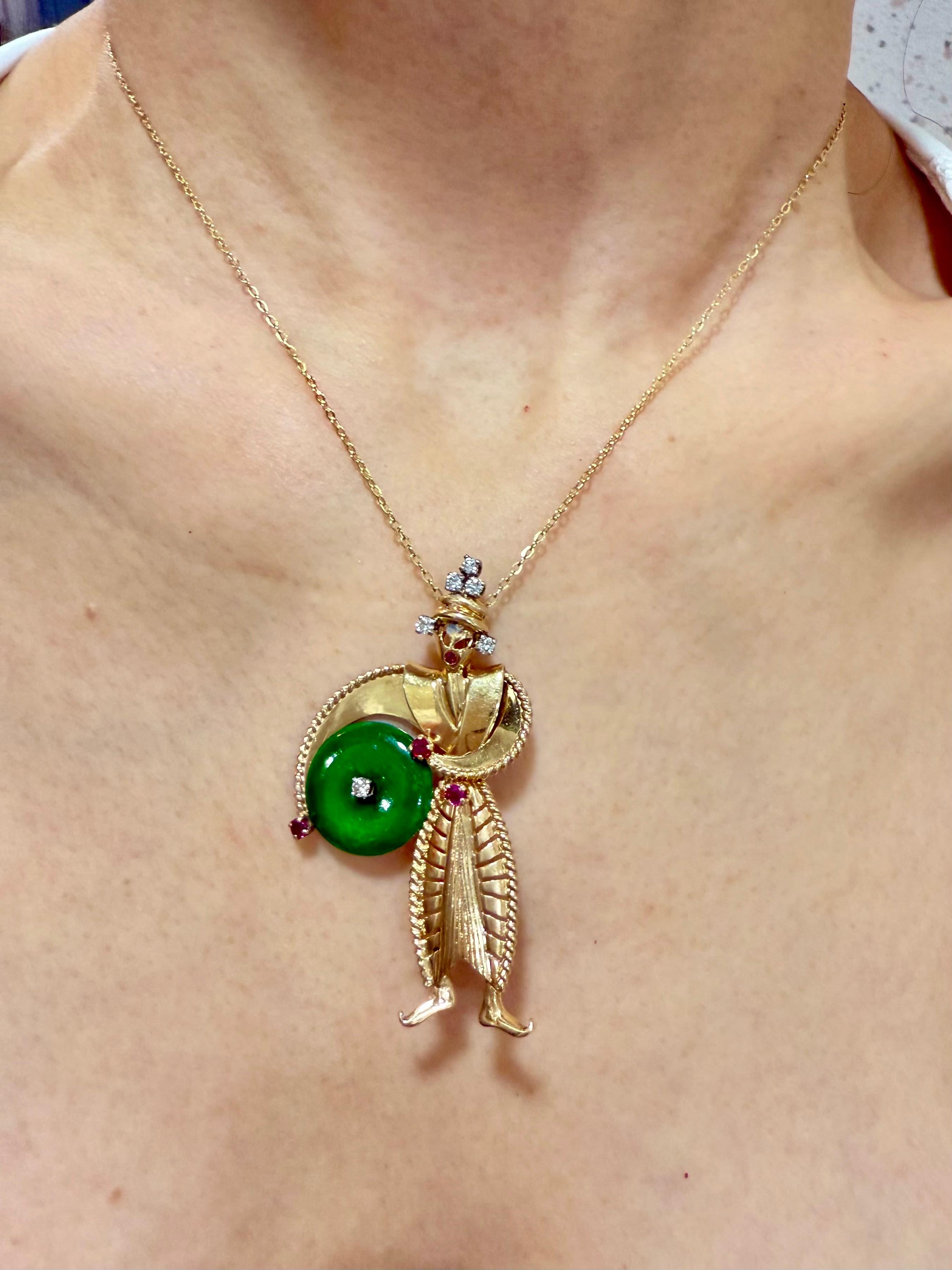 Round Cut Tiffany & Co Certified Jade, Burma Rubies & Diamond Brooch Pendant. 1950's For Sale