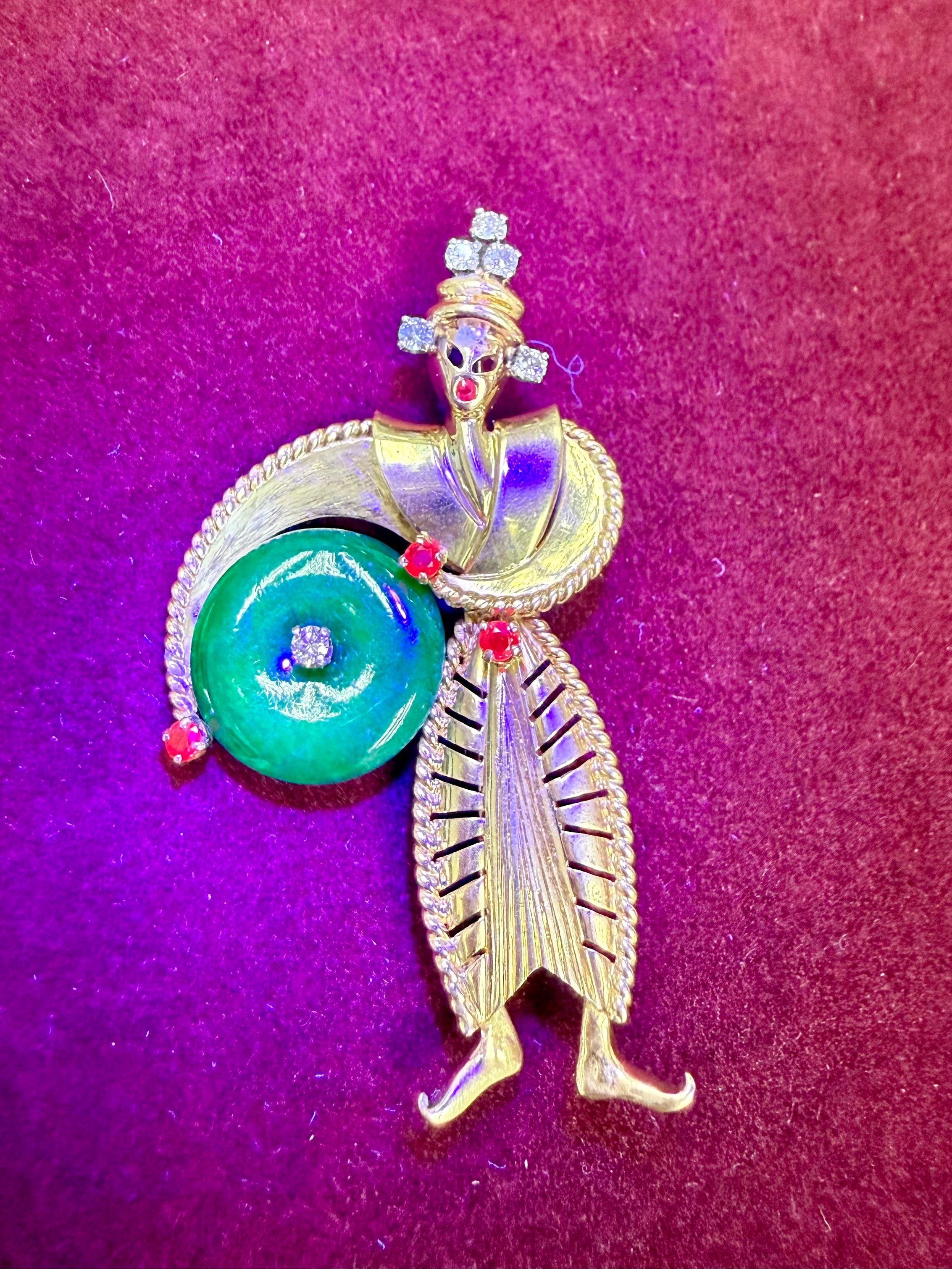 Tiffany & Co Certified Jade, Burma Rubies & Diamond Brooch Pendant. 1950's For Sale 1