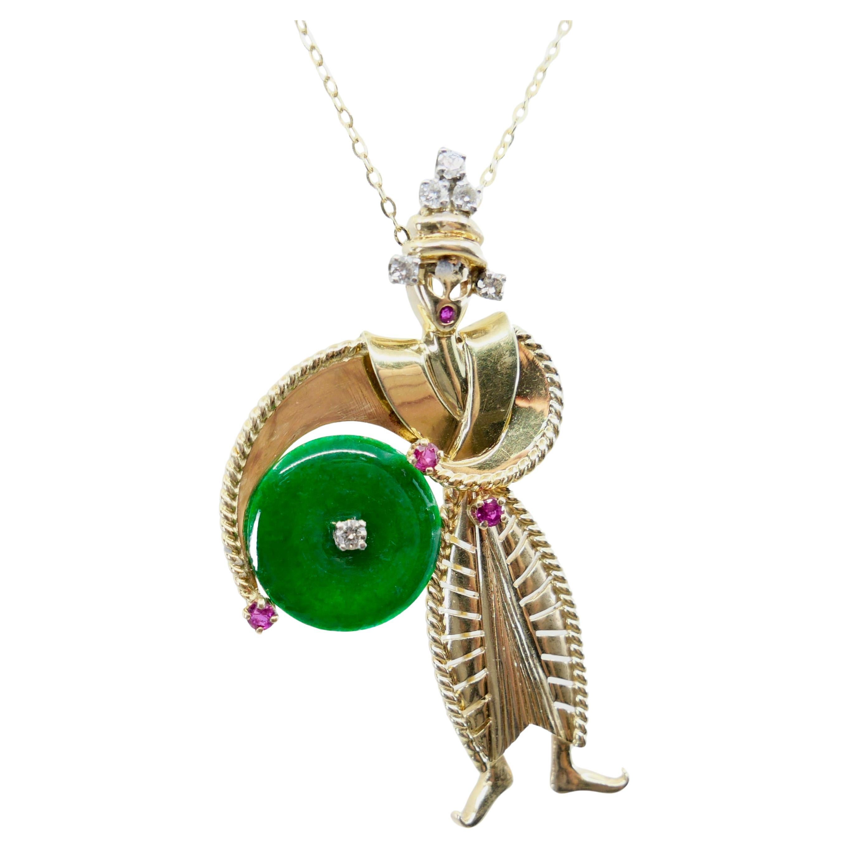 Tiffany & Co Certified Jade, Burma Rubies & Diamond Brooch Pendant. 1950's For Sale 4