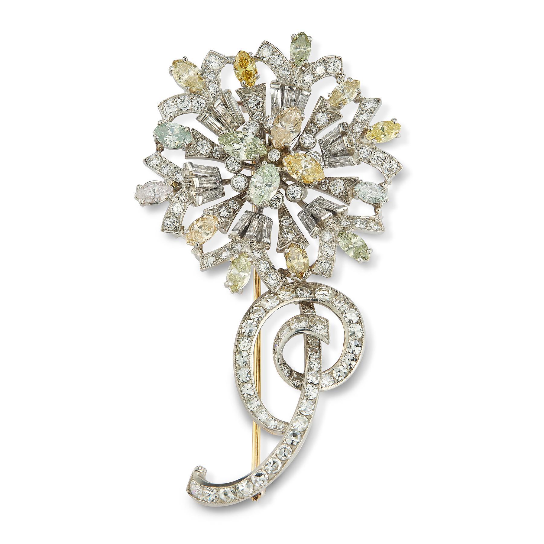 Tiffany & Co Certified Multi color  Diamond Flower Brooch, Circa 1940, set with fancy colored diamonds in shades of pink, green, blue, grey, yellow, brown & orange. Marquise brilliant-cut diamonds, total approximately 4.95 cts. Round brilliant-cut,