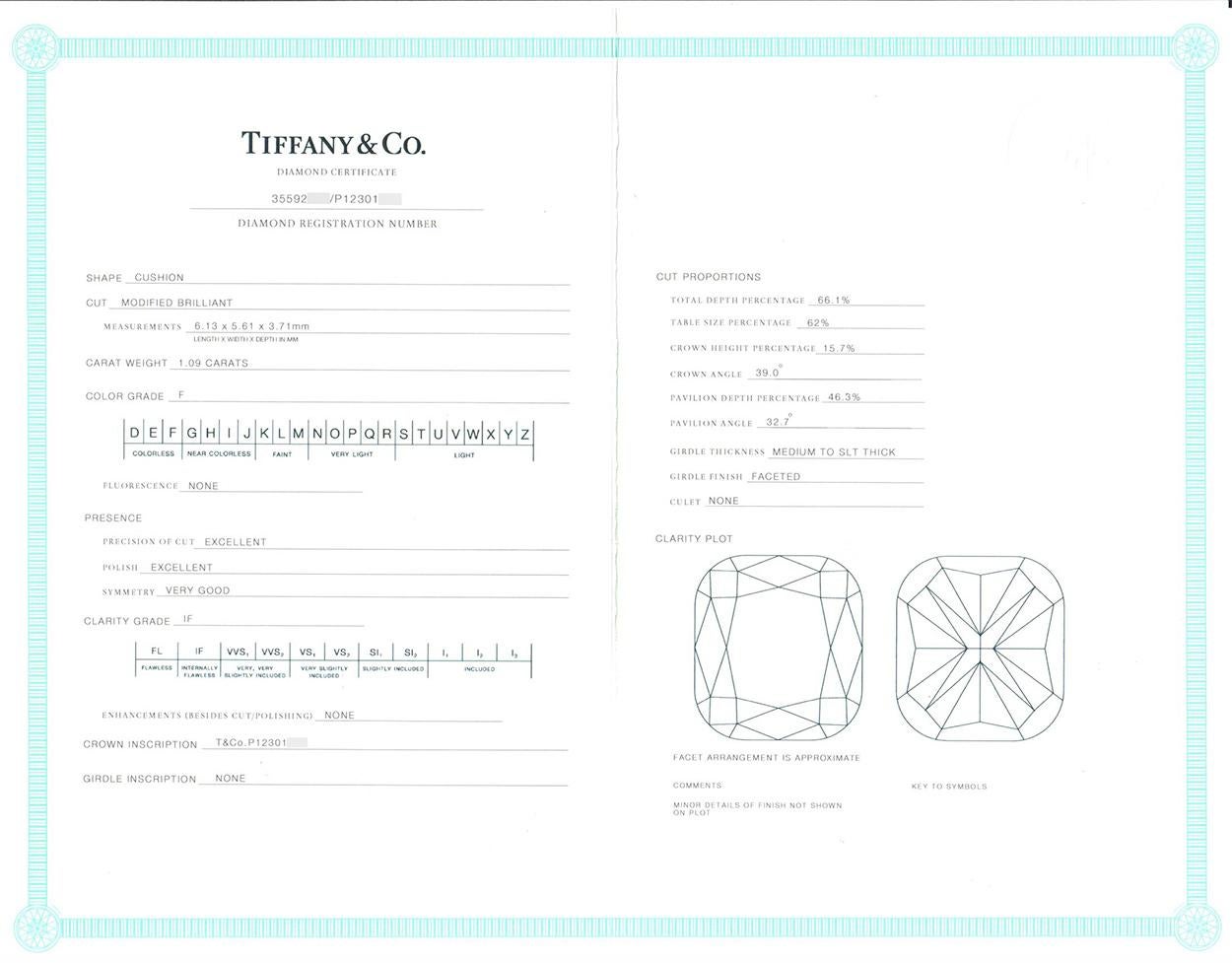 Tiffany & Co. Certified Platinum Cushion Diamond Novo Solitaire Engagement Ring 6