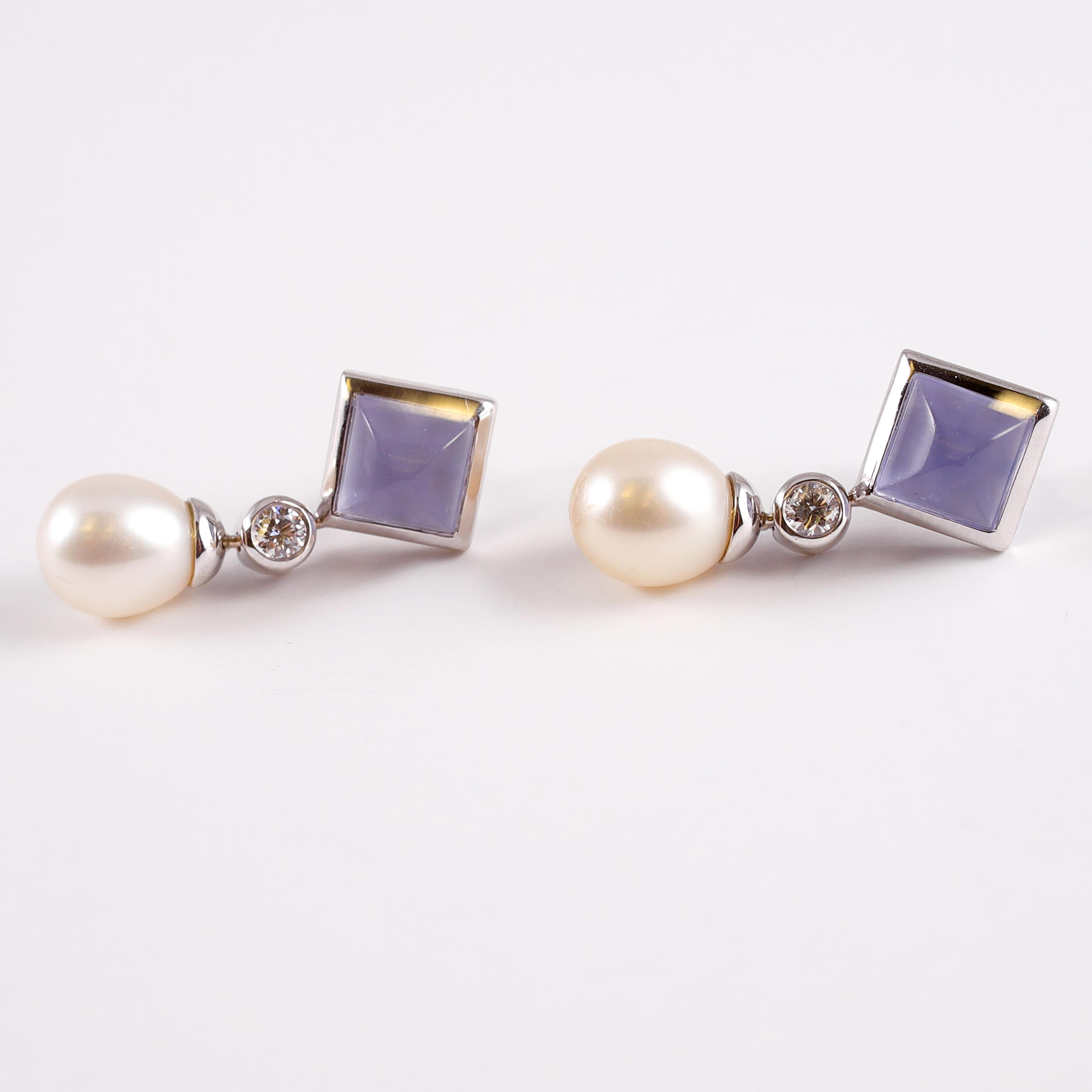 Bezel set square sugar-loaf chalcedony cabochons with cultured freshwater pearl drops and bezel set accent diamond  earrings.  The chalcedony stones and the bezels measure approximately 7.95 mm and the pearls measure approximately 7.10 mm in width x