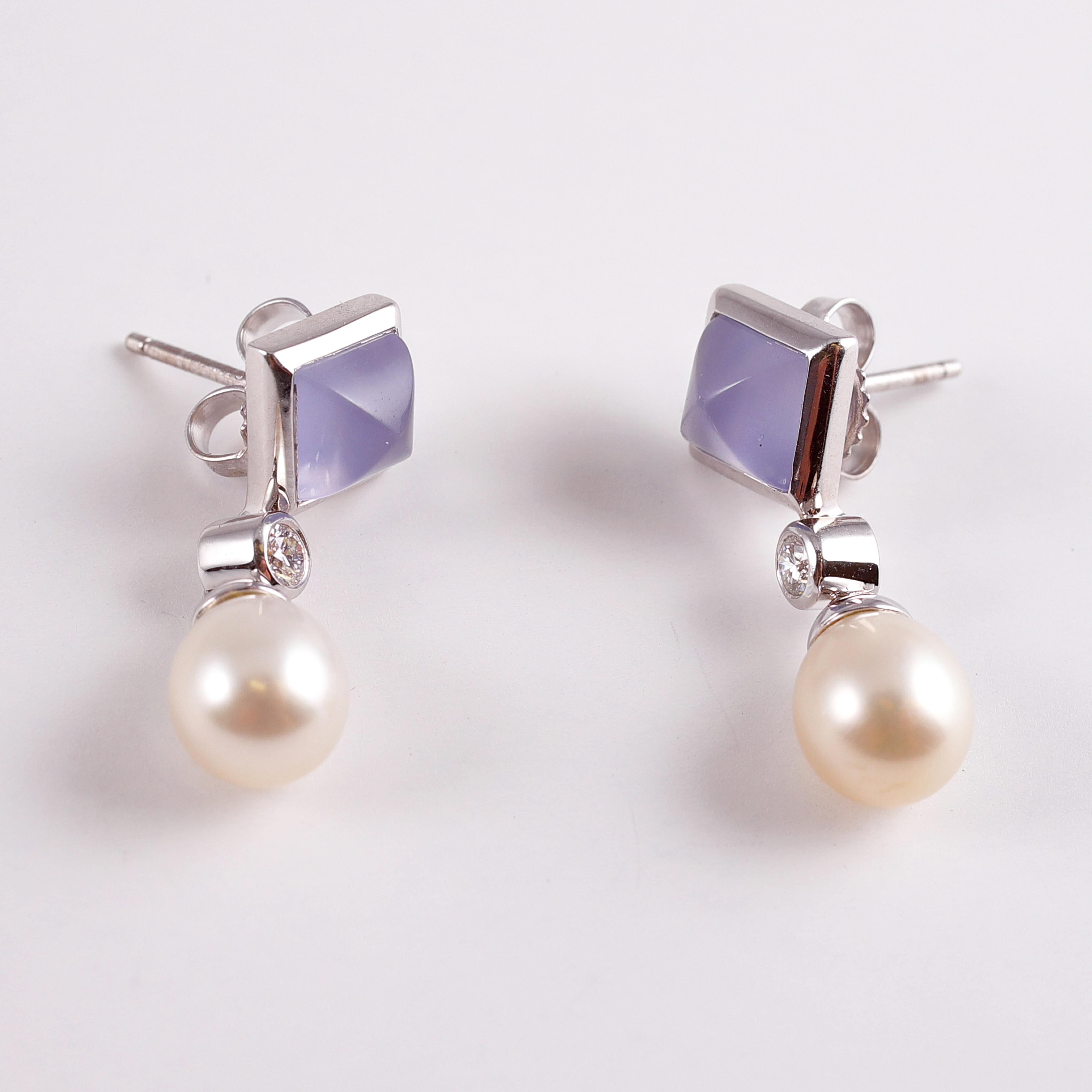 Round Cut Tiffany & Co. Chalcedony Pearl Drop Earrings For Sale