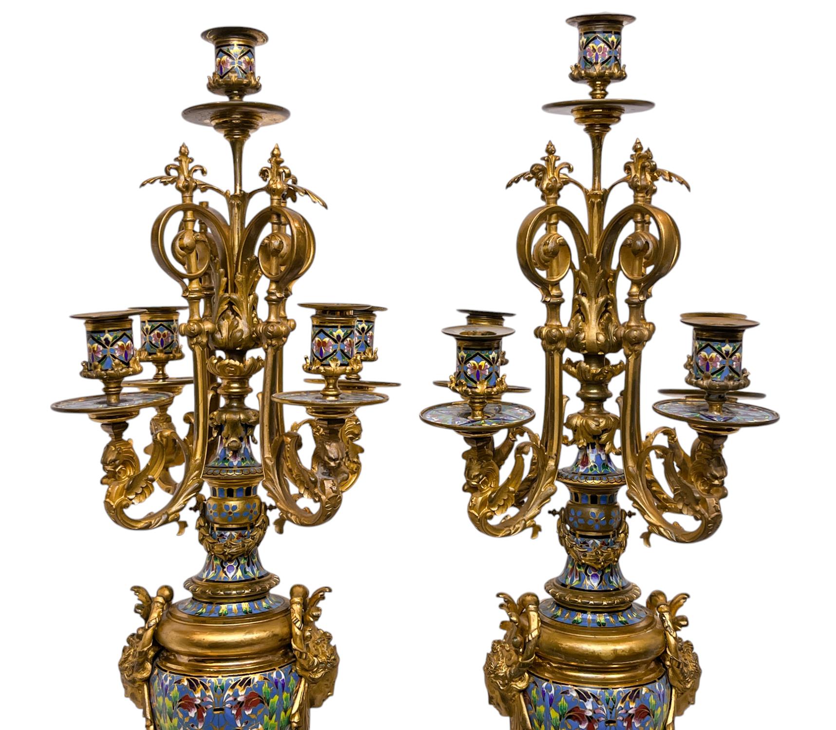Tiffany & Co Champlevé and Bronze Clock Set with Candelabras For Sale 3